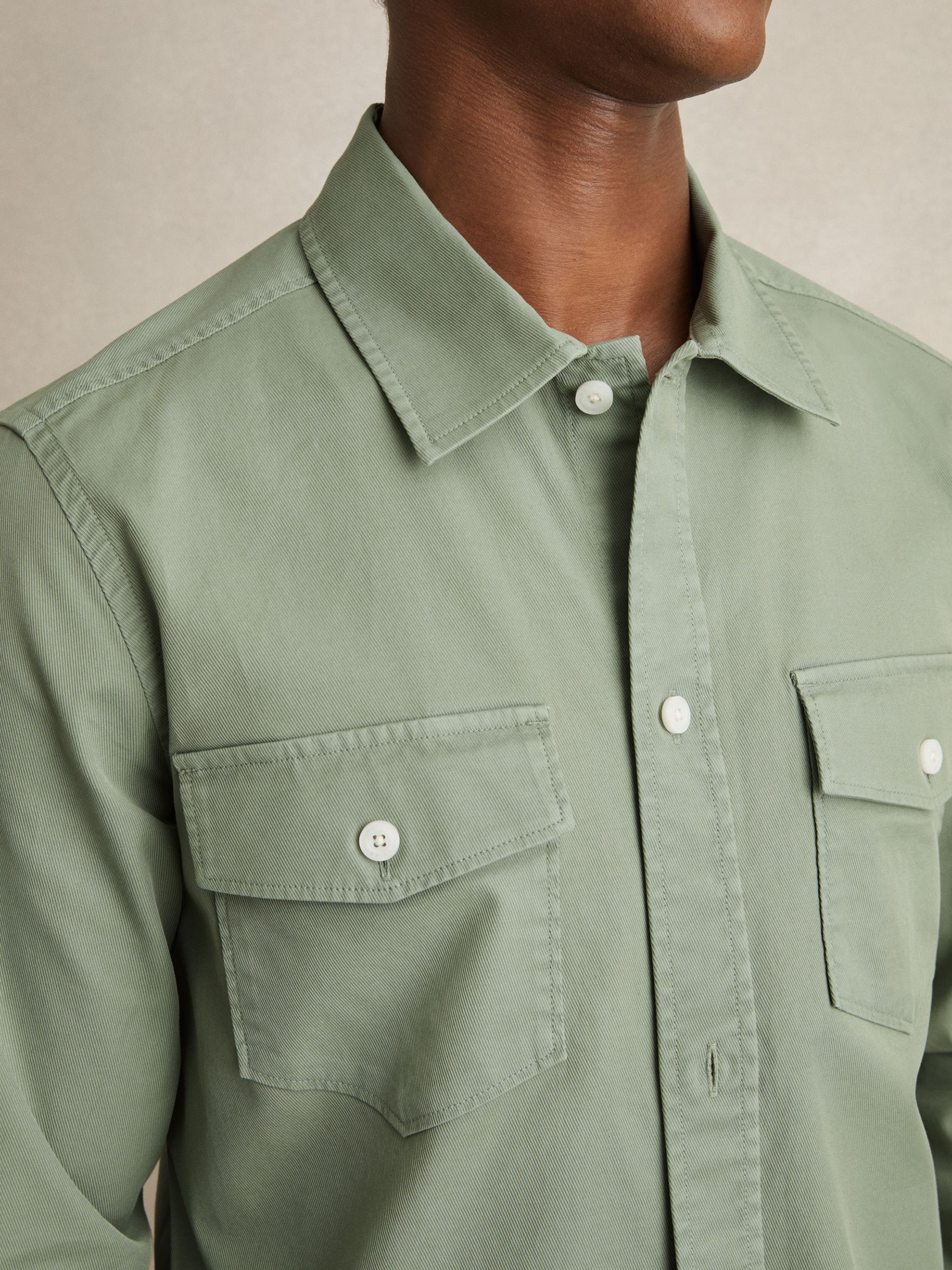 Cotton Twill Twin Pocket Overshirt With Stretch in Sage Green - Image 4 of 6