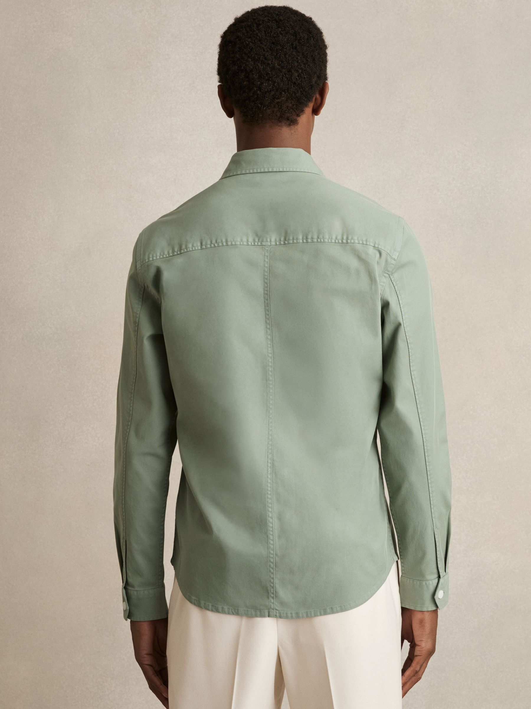 Cotton Twill Twin Pocket Overshirt With Stretch in Sage Green - Image 5 of 6