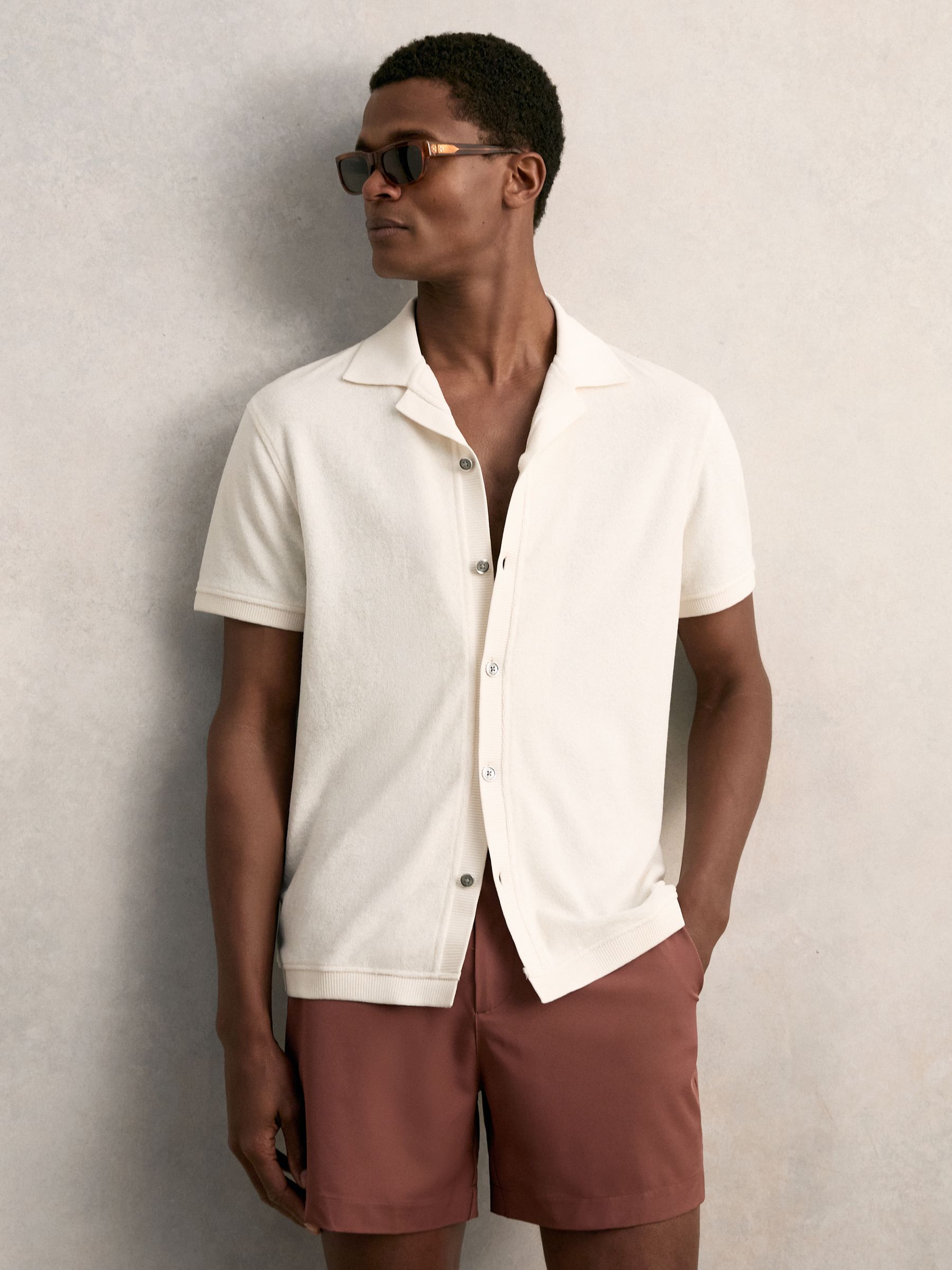 Cotton Blend Towelling Shirt in White - Image 1 of 6