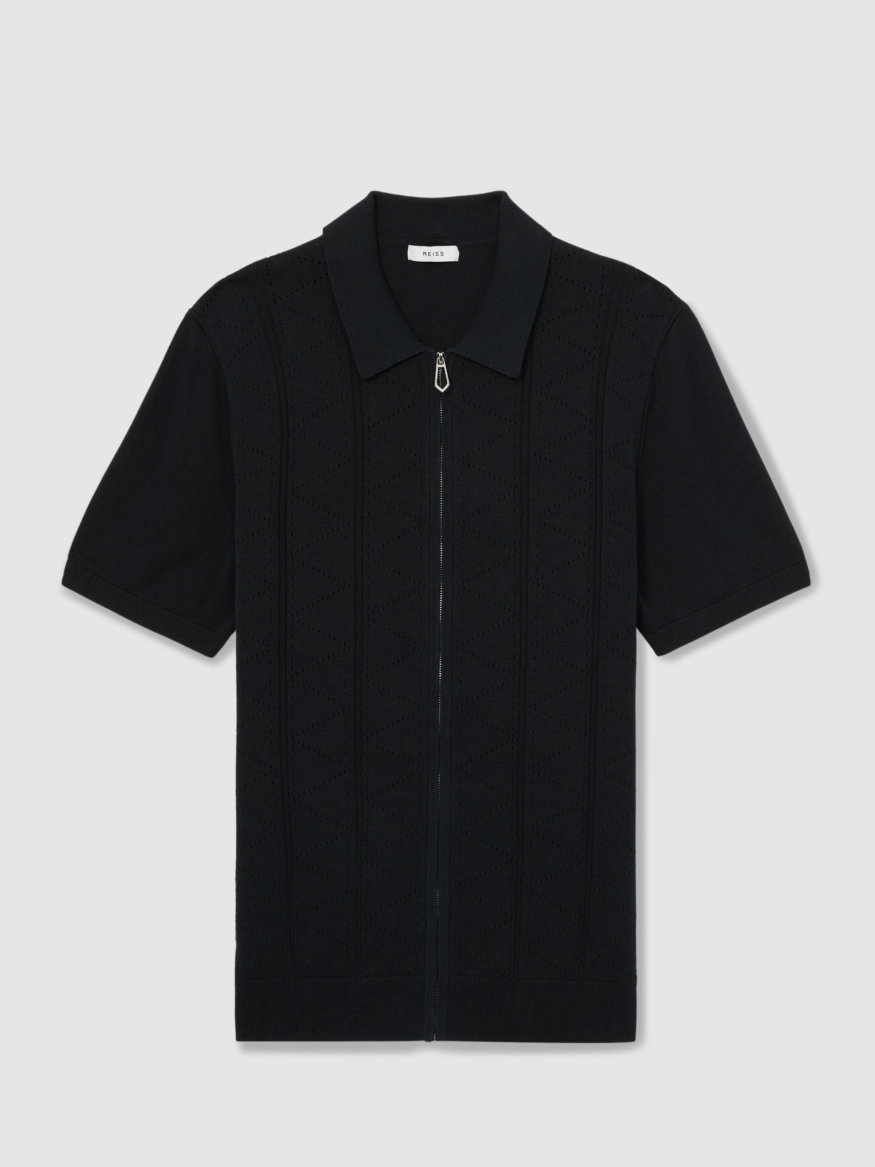 Pointelle-Knit Zip-Through Shirt in Navy - Image 2 of 6