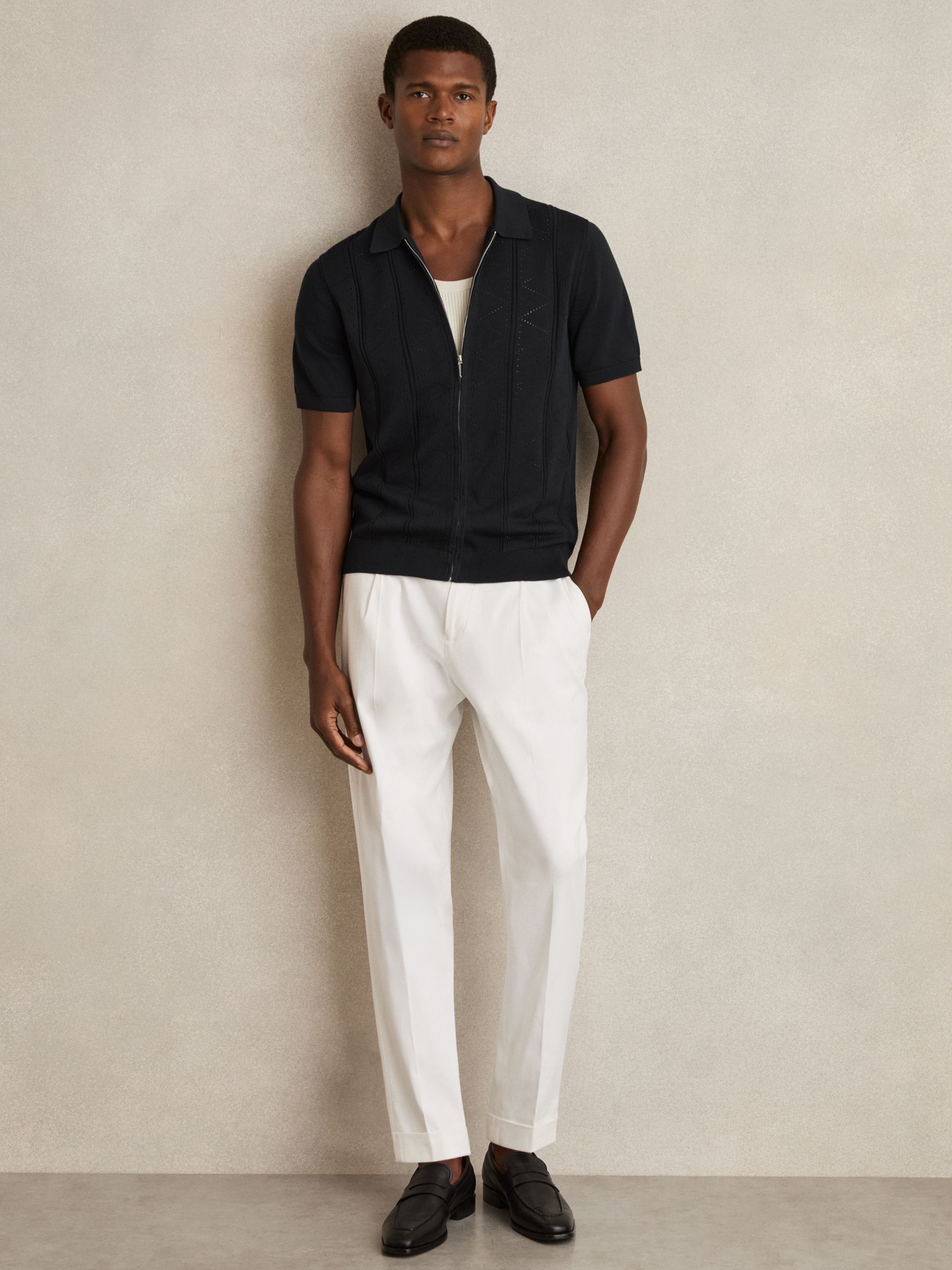 Pointelle-Knit Zip-Through Shirt in Navy - Image 3 of 6