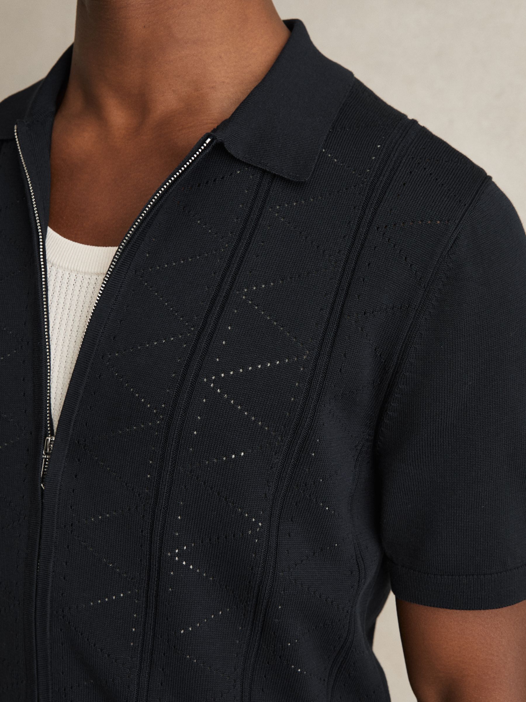 Pointelle-Knit Zip-Through Shirt in Navy - Image 5 of 6
