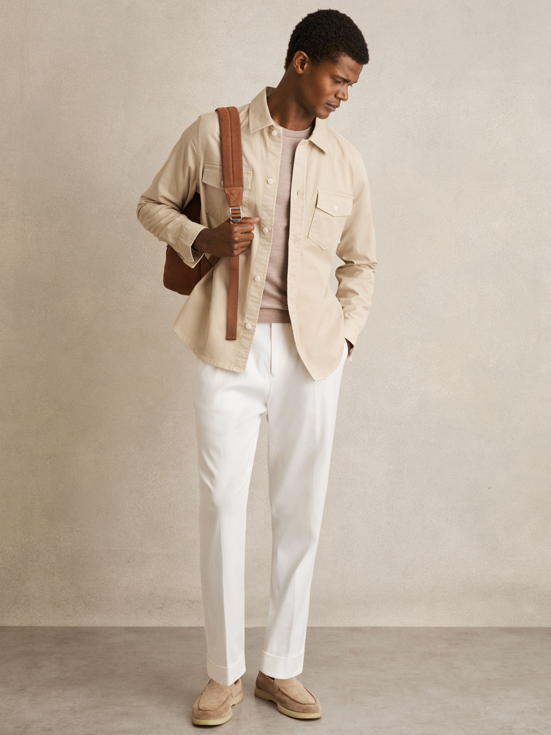 Cotton Twill Twin Pocket Overshirt With Stretch in Stone - Image 3 of 7