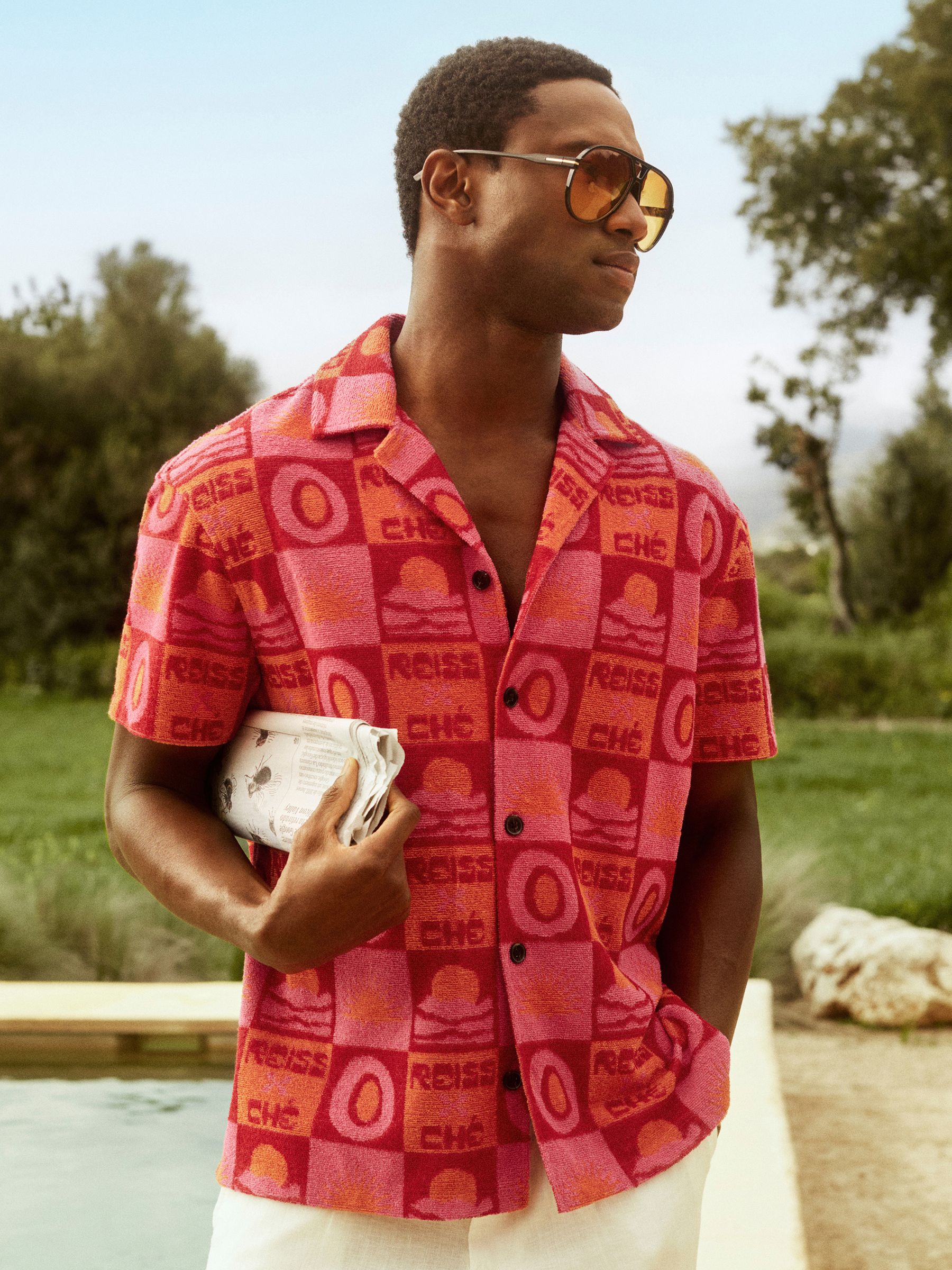 Pink Che Reiss Reiss | Ché Sunset Towelling Shirt in Pink | REISS