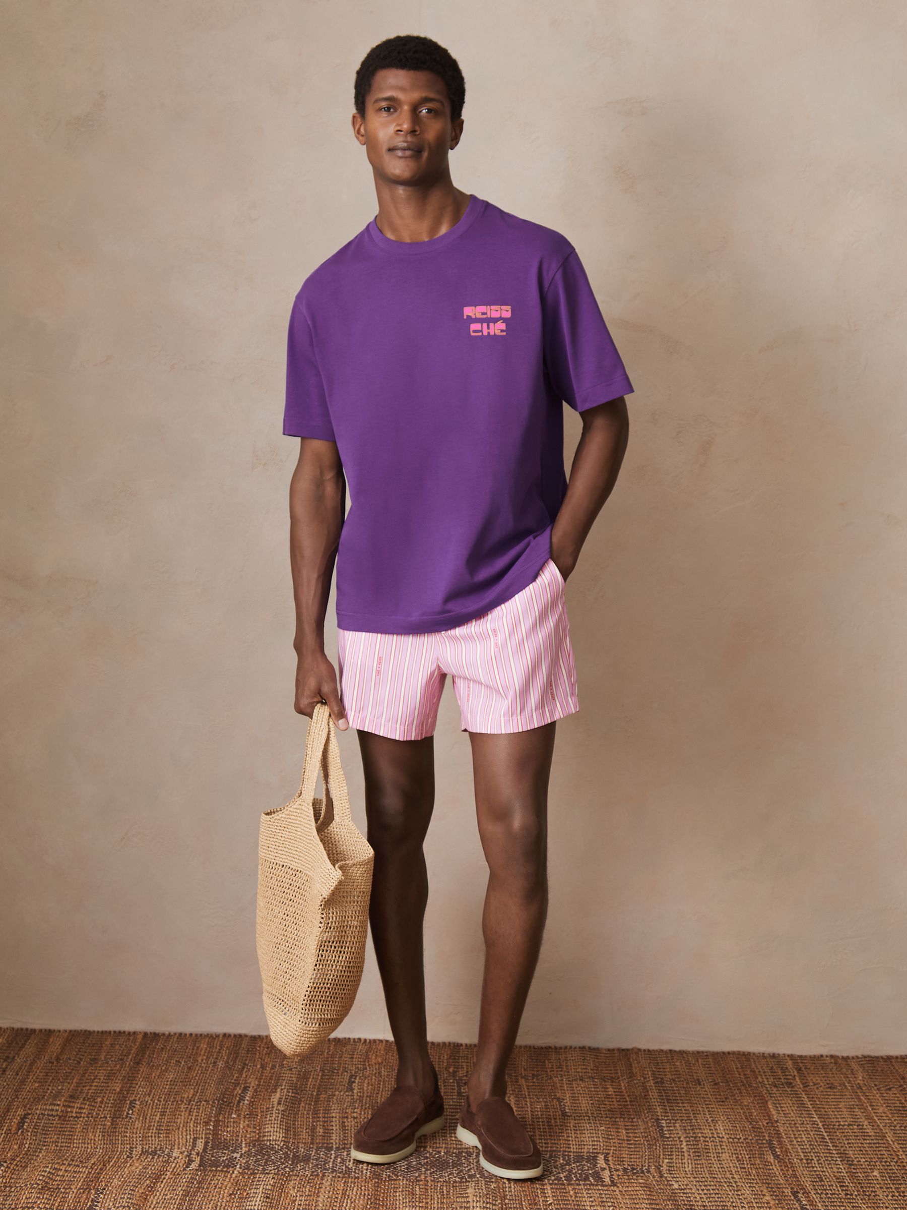 Reiss | Ché Cotton Palm-Print T-Shirt in Purple - Image 1 of 6