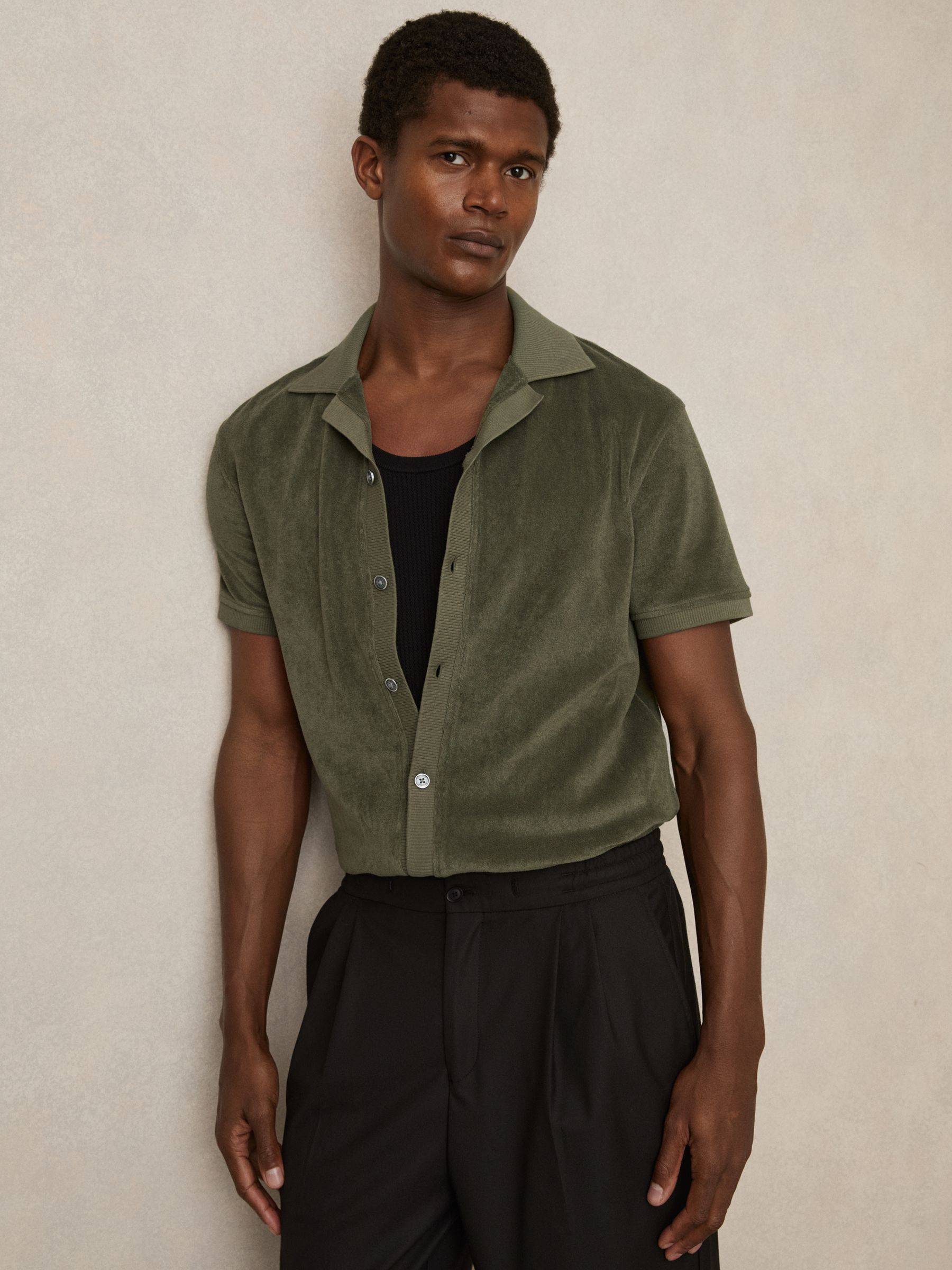 Cotton Blend Towelling Shirt in Green - Image 1 of 5