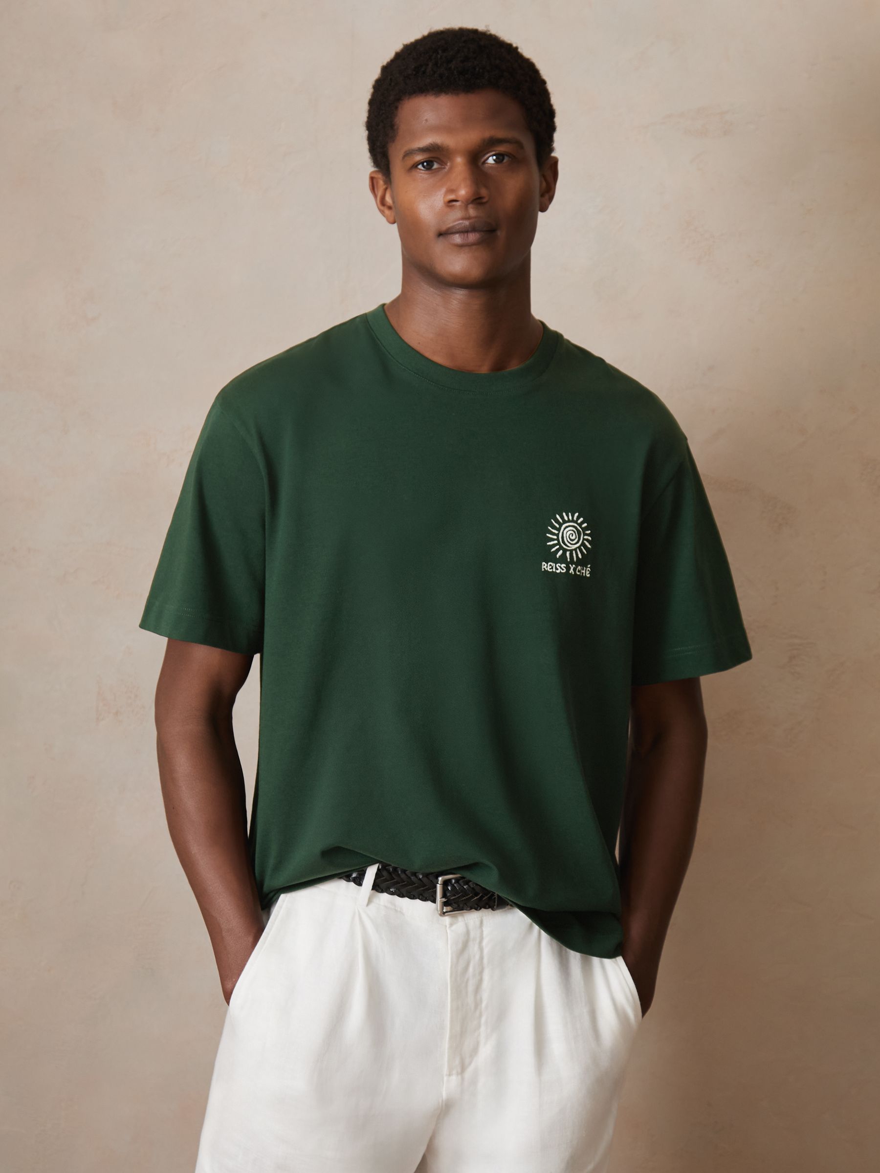 Reiss | Ché Cotton Palm-Tree T-Shirt in Green - Image 3 of 6