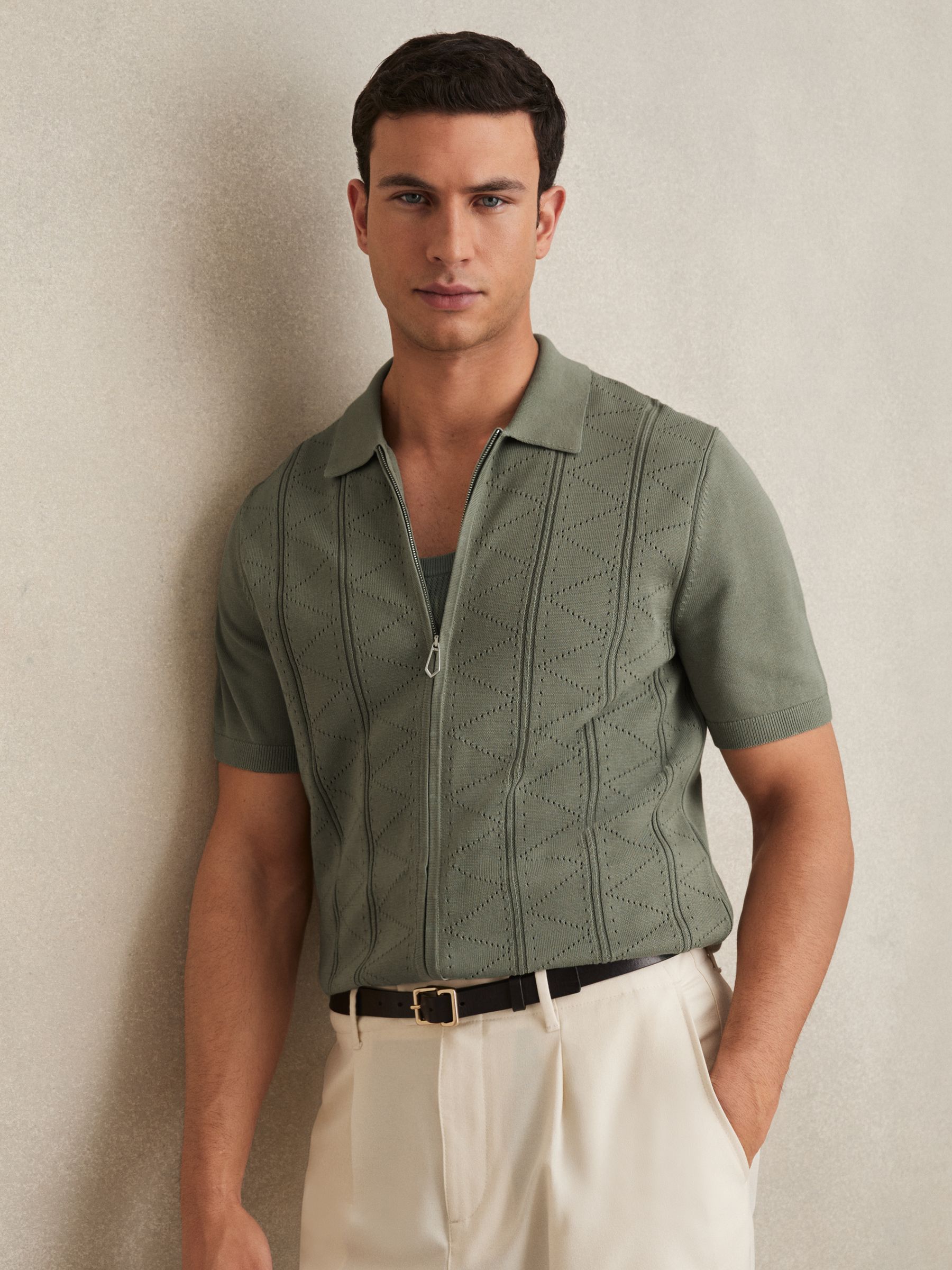 Pointelle-Knit Zip-Through Shirt in Sage - Image 1 of 5