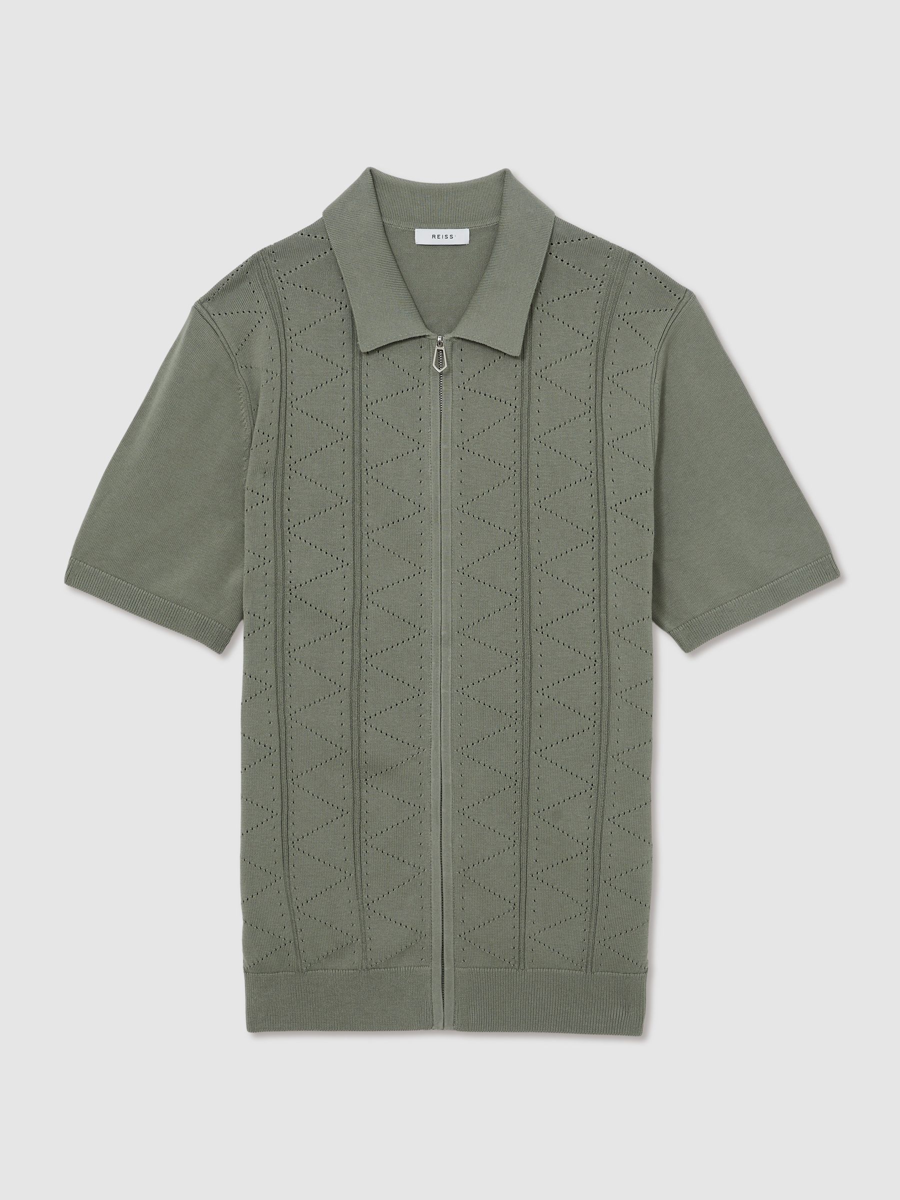 Pointelle-Knit Zip-Through Shirt in Sage - Image 2 of 5