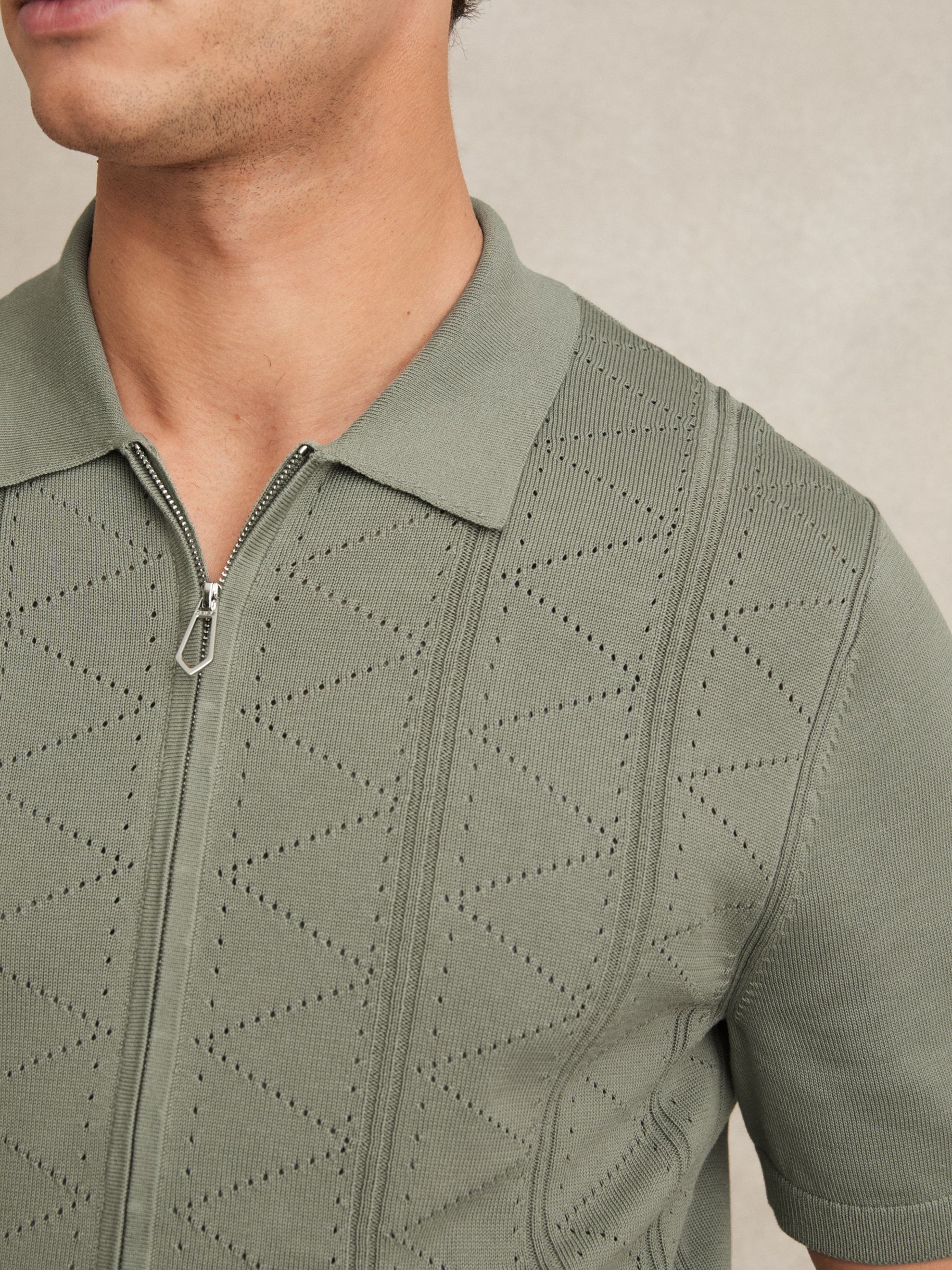 Pointelle-Knit Zip-Through Shirt in Sage - Image 3 of 5