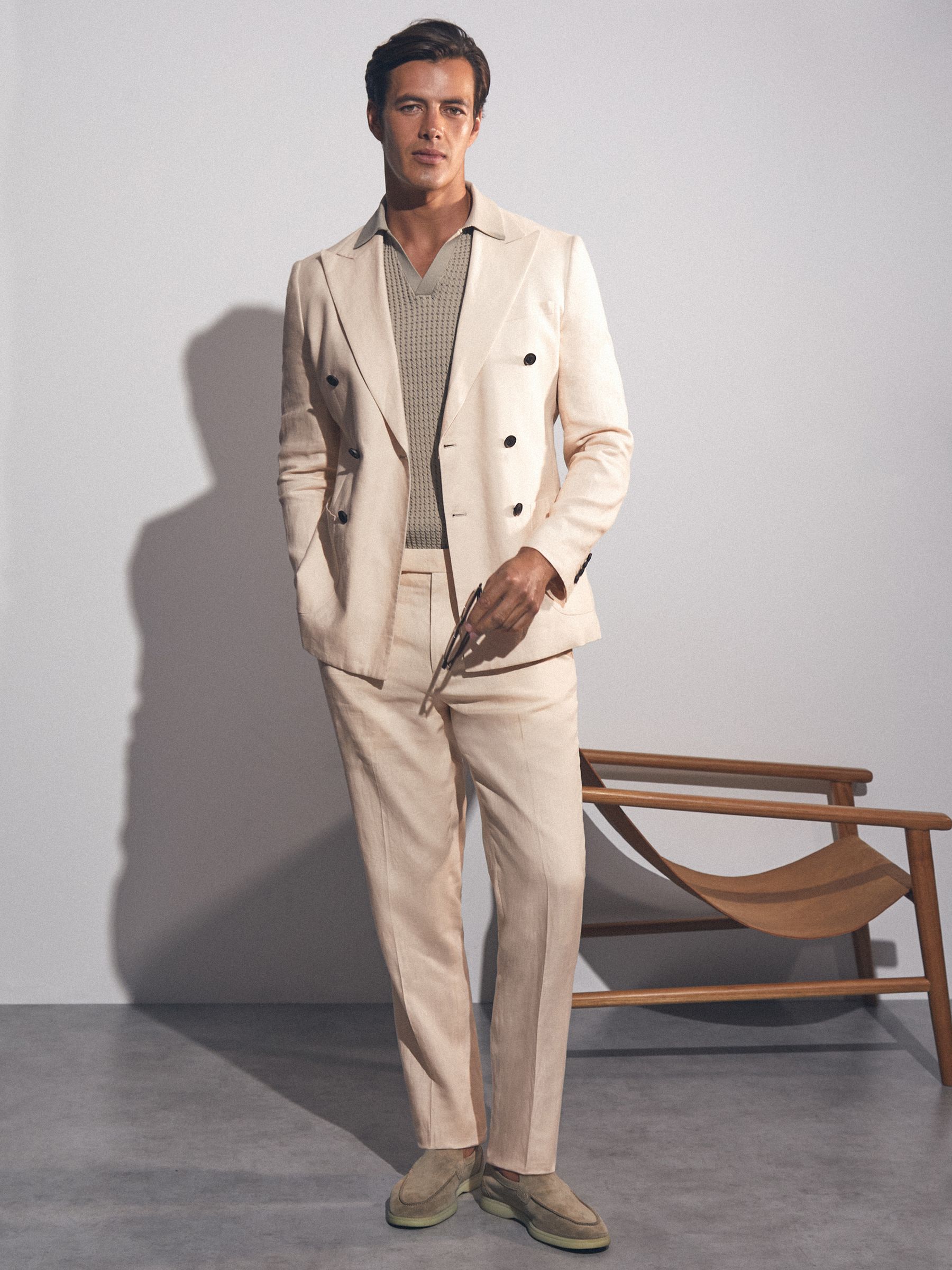 Linen Double-Breasted Suit Slim-Fit Blazer in Stone - Image 3 of 9