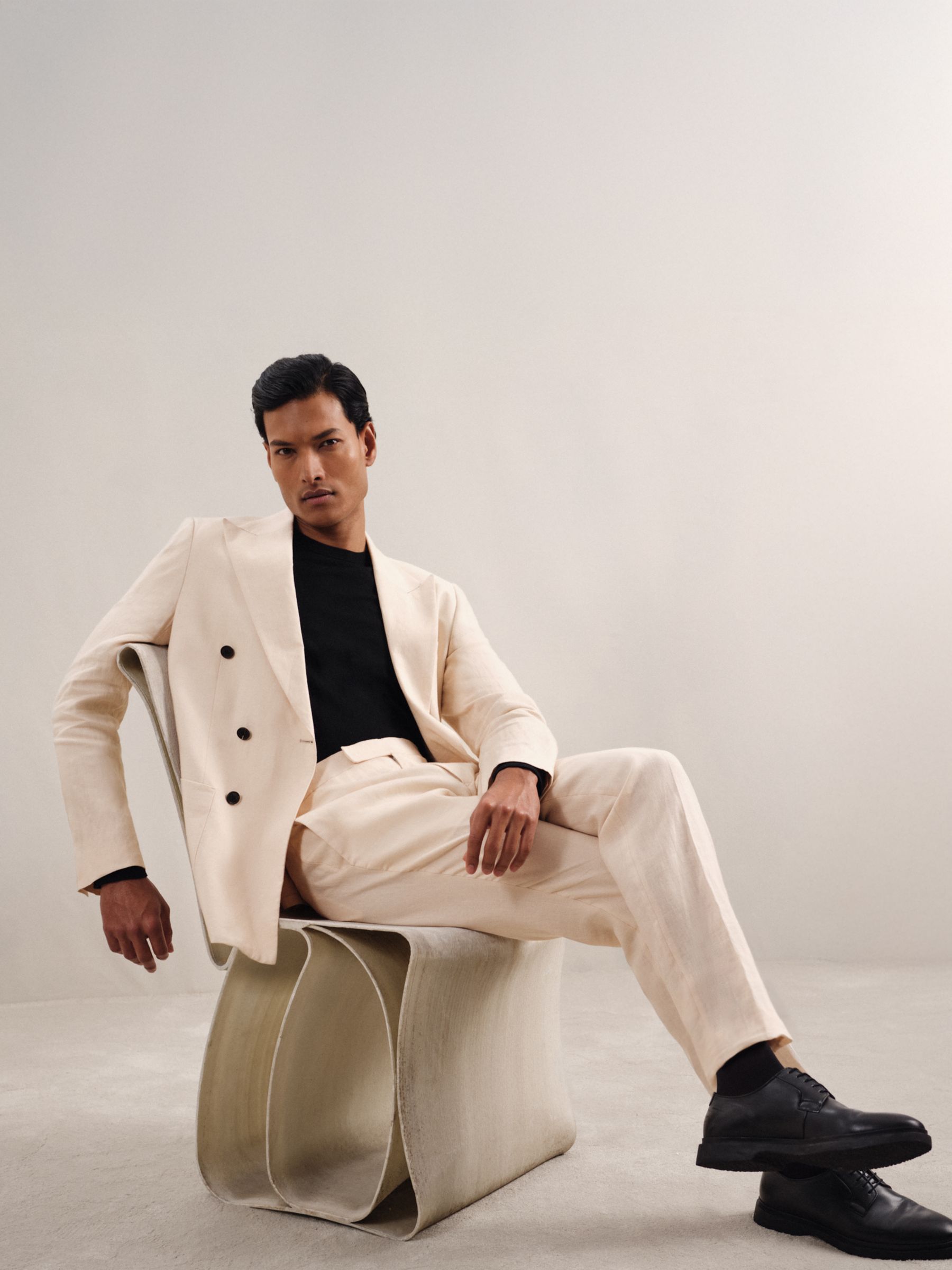 Linen Double-Breasted Suit Slim-Fit Blazer in Stone - Image 7 of 9