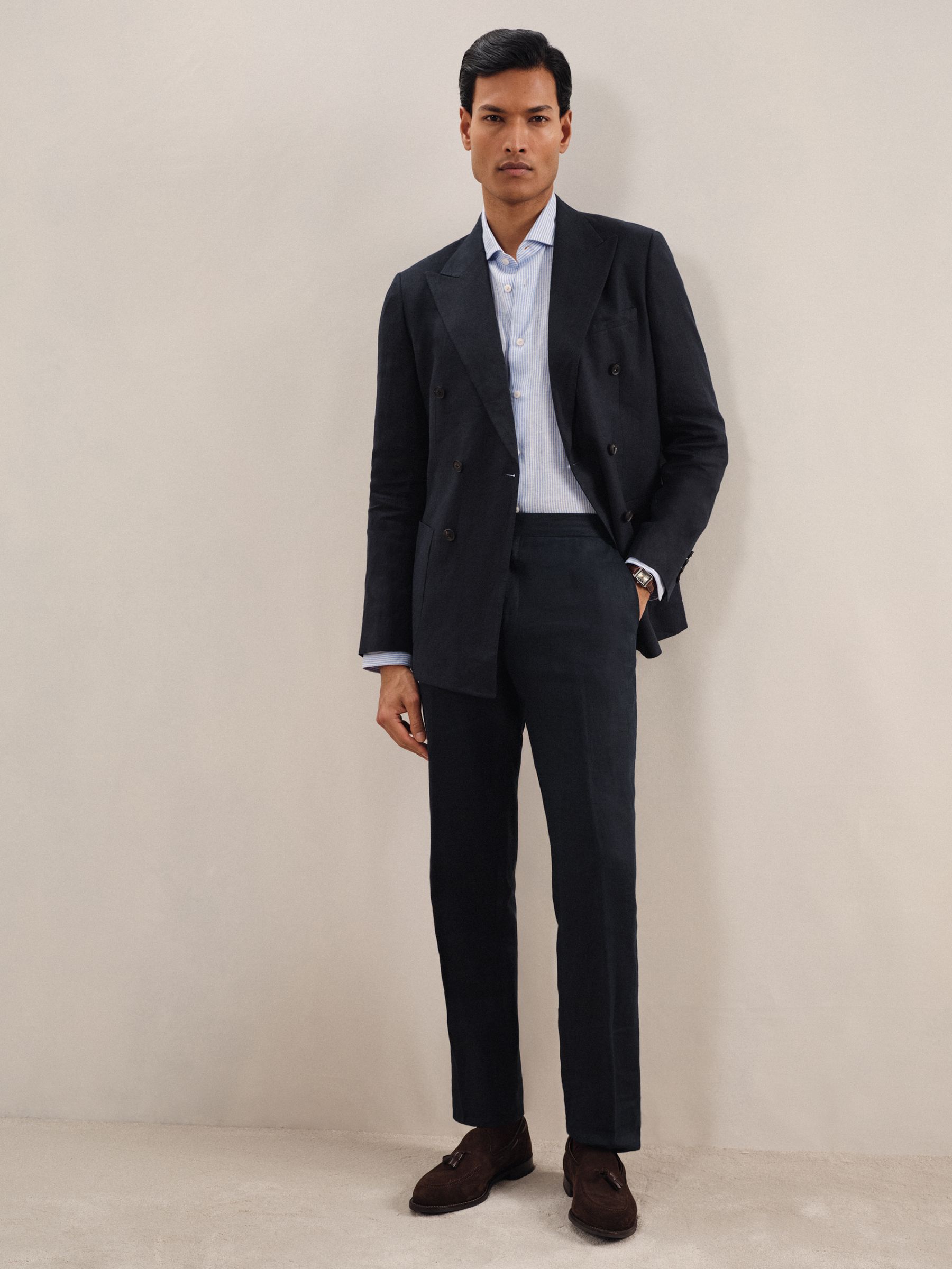 Linen Double-Breasted Suit Slim-Fit Blazer in Navy - Image 3 of 10