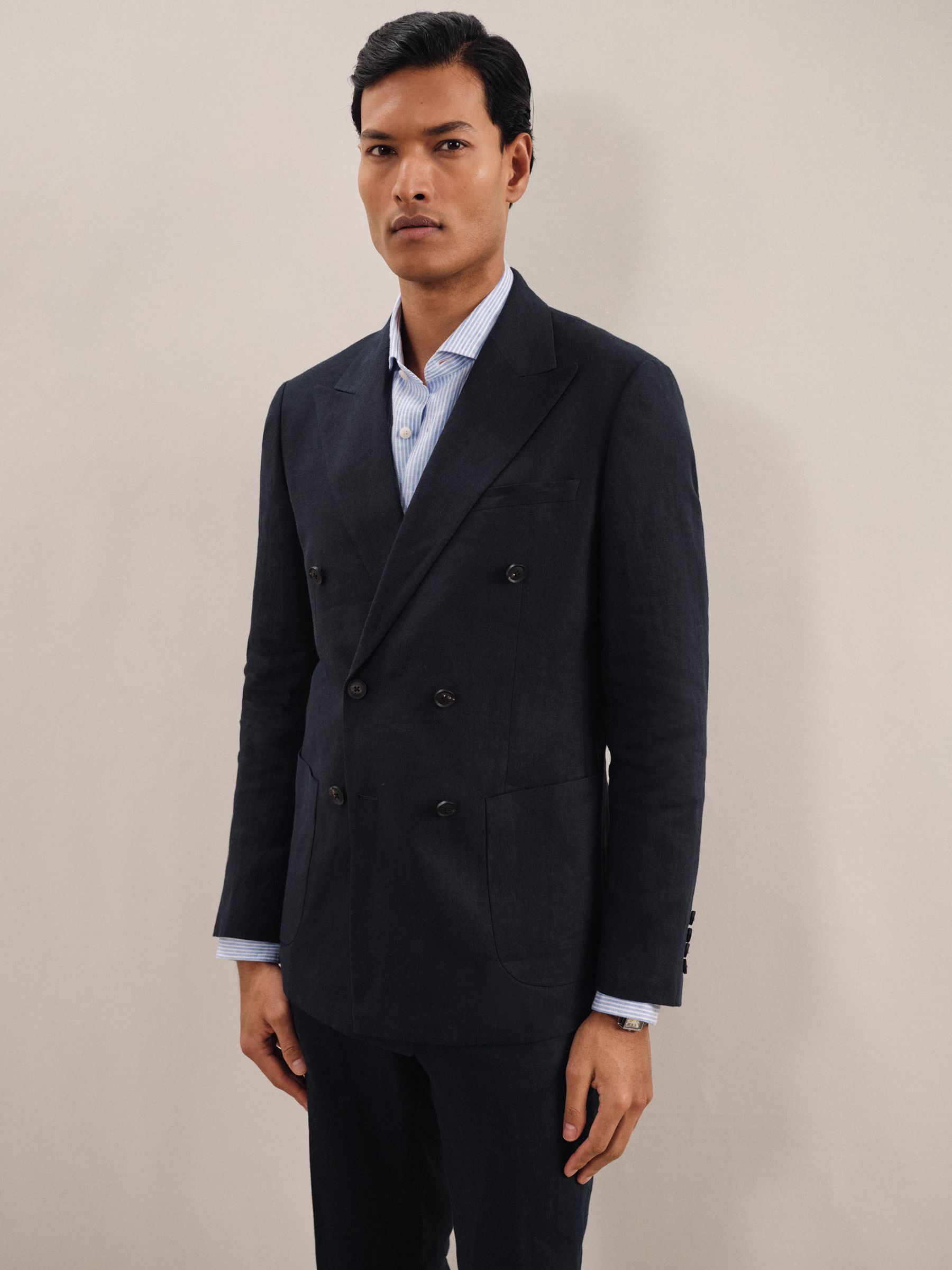 Linen Double-Breasted Suit Slim-Fit Blazer in Navy - Image 5 of 10