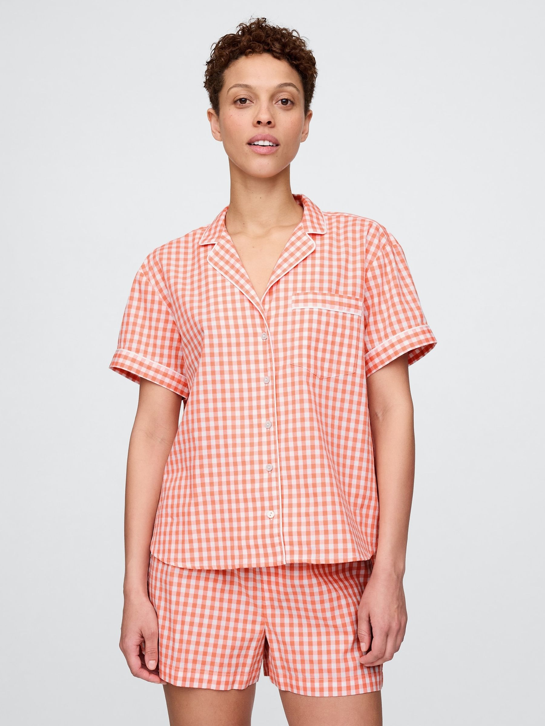 Red Short Sleeve Short Sleeve Poplin Gingham Pyjama Shirt - Image 1 of 4