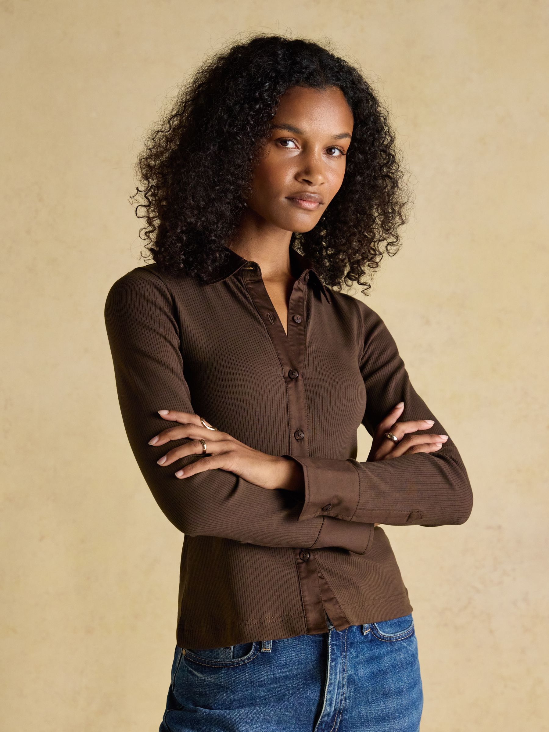 Anita Chocolate Brown Cotton-Rich Long Sleeve Ribbed Jersey Shirt - Image 1 of 9