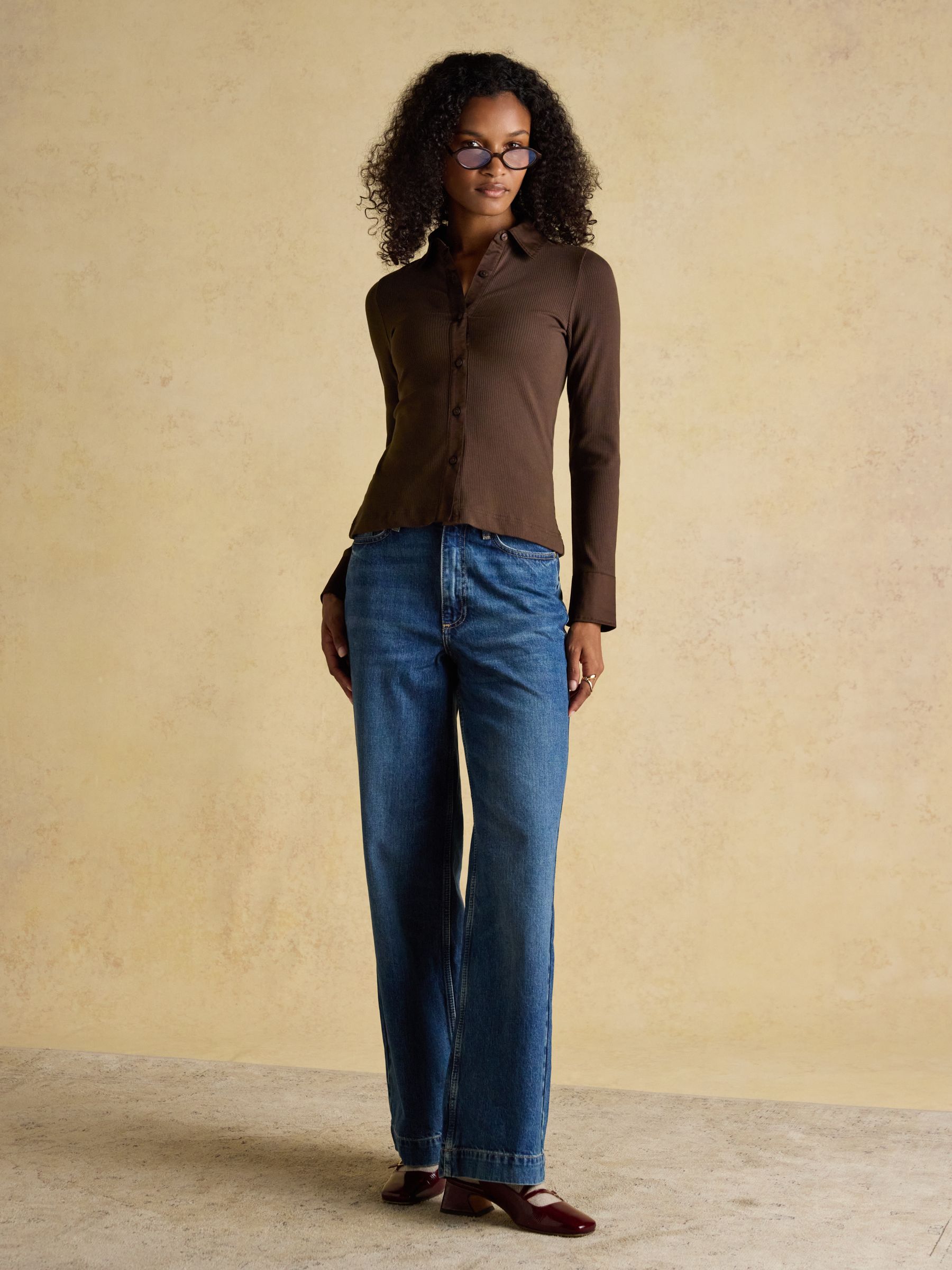 Anita Chocolate Brown Cotton-Rich Long Sleeve Ribbed Jersey Shirt - Image 3 of 9