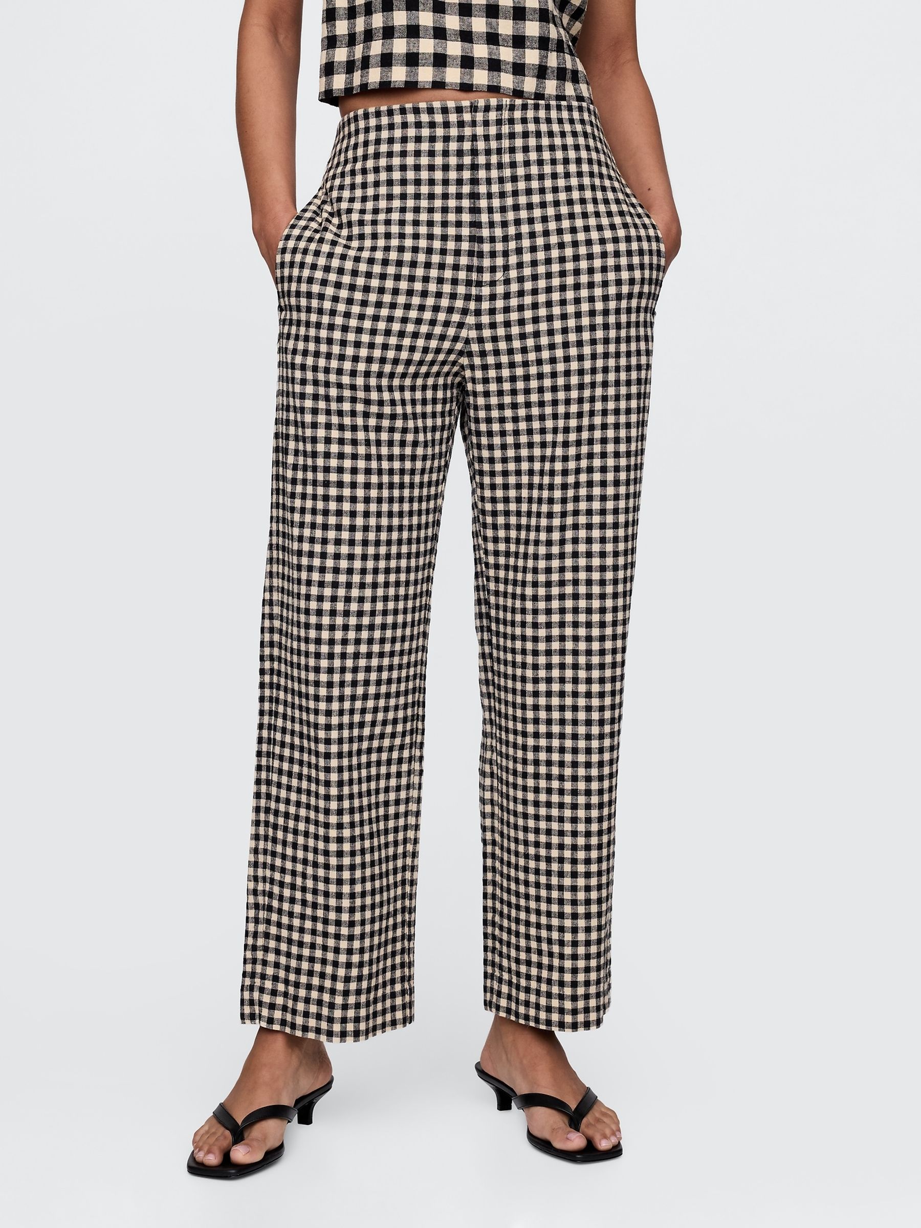 Black & Off White Gingham Straight Leg Heavyweight Linen-Blend Trousers - Image 6 of 11
