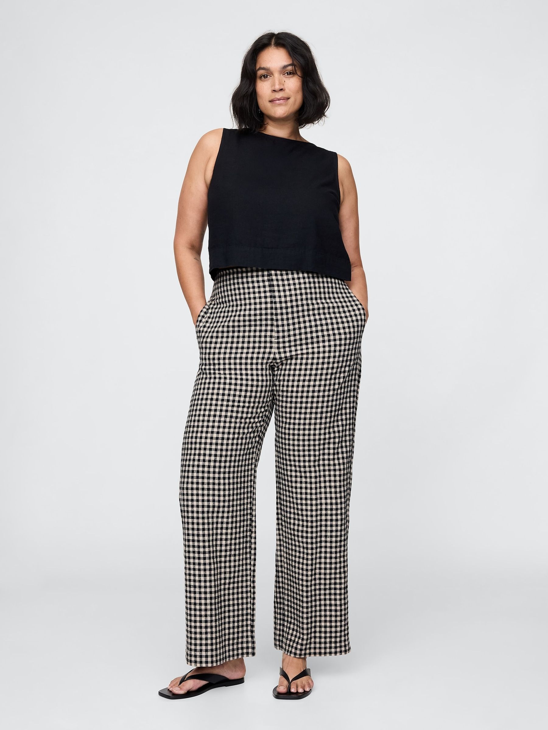 Black & Off White Gingham Straight Leg Heavyweight Linen-Blend Trousers - Image 9 of 11