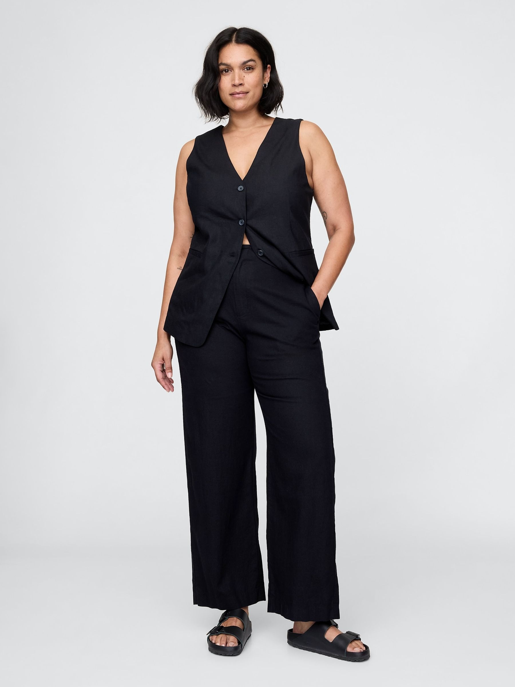 Black Straight Leg Heavyweight Linen-Blend Trousers - Image 5 of 5
