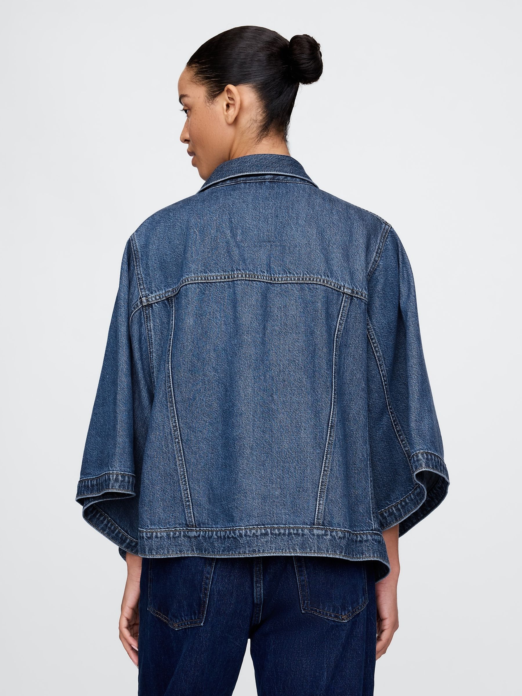 Dark Indigo Blue UltraSoft Denim Cape Jacket - Image 2 of 5