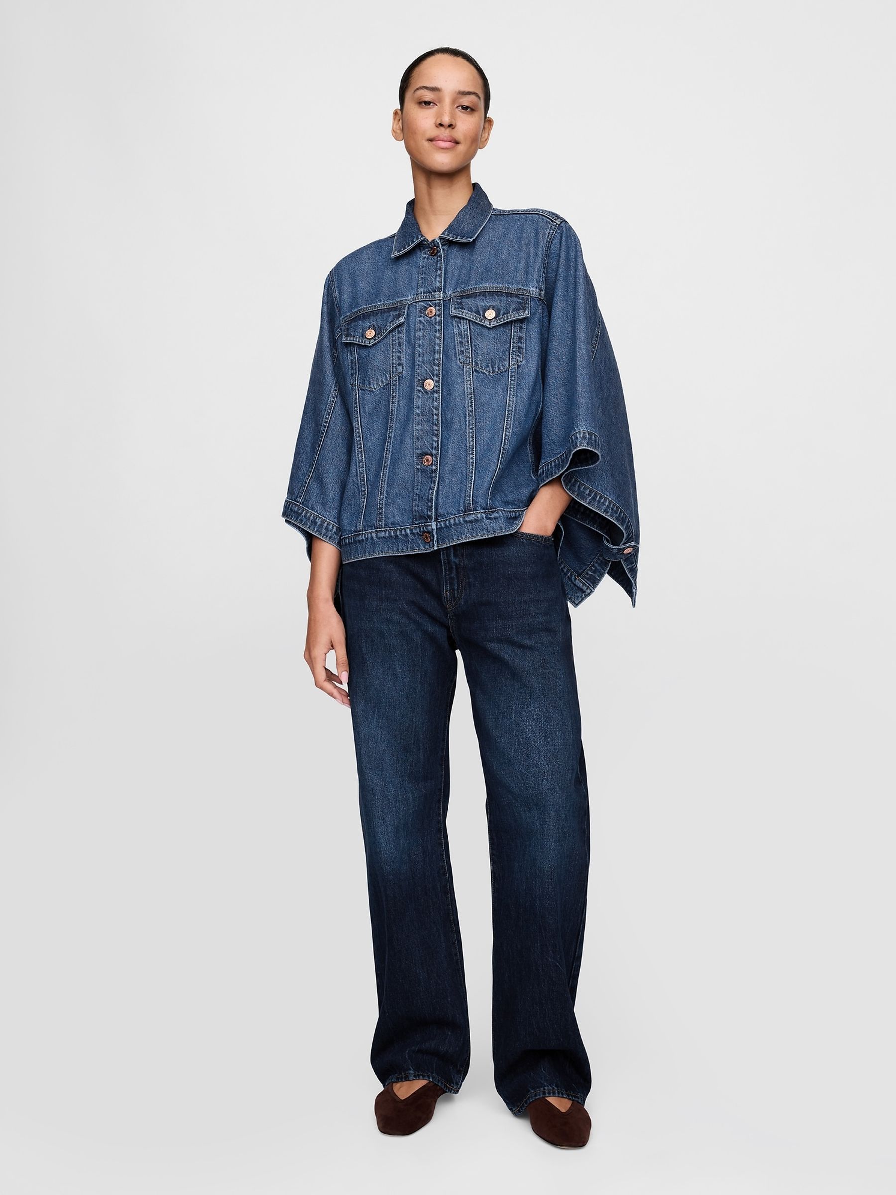 Dark Indigo Blue UltraSoft Denim Cape Jacket - Image 4 of 5
