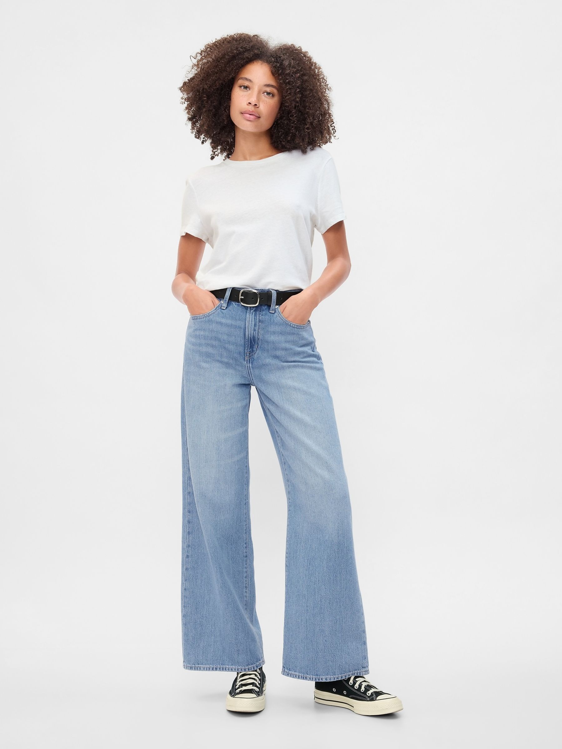 Blue Cotton High Waisted Wide Leg Jeans - Image 4 of 6