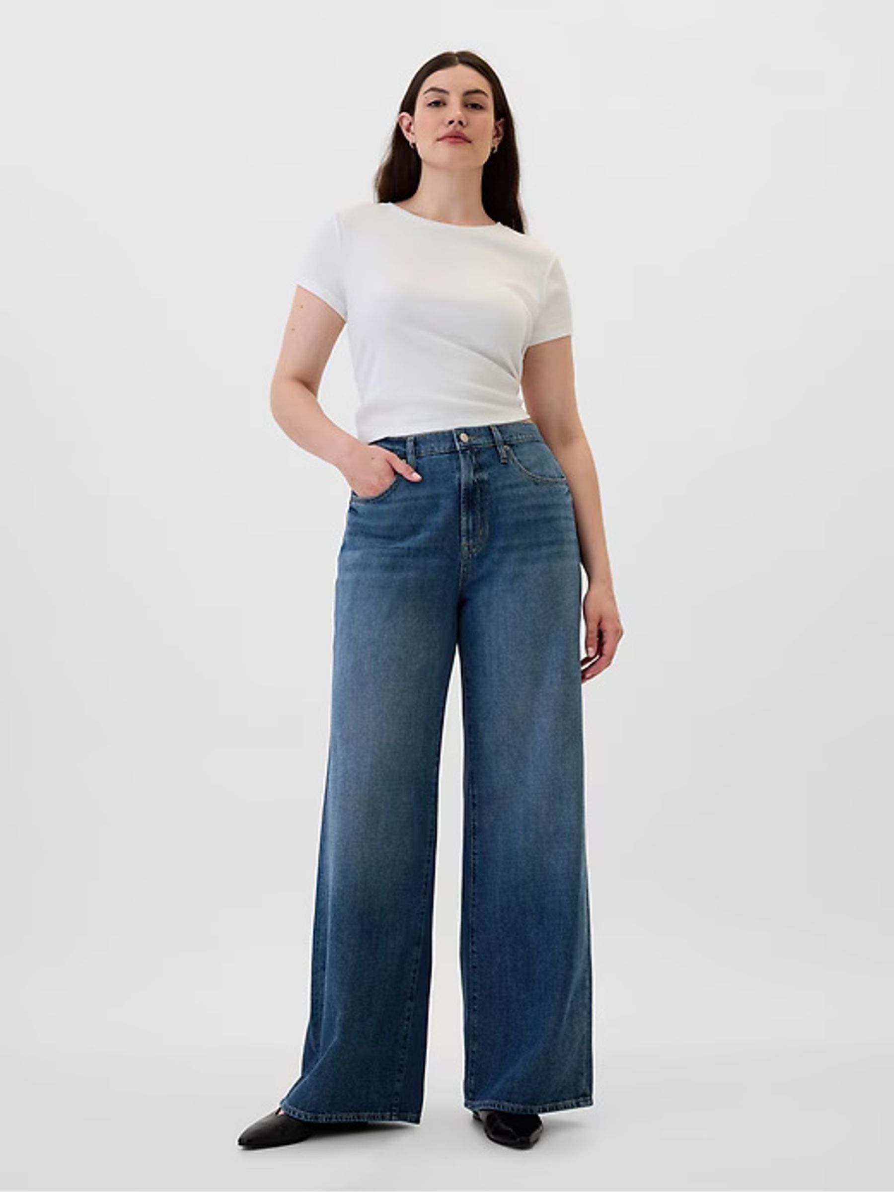 Dark Blue Cotton High Waisted Wide Leg Jeans - Image 3 of 4