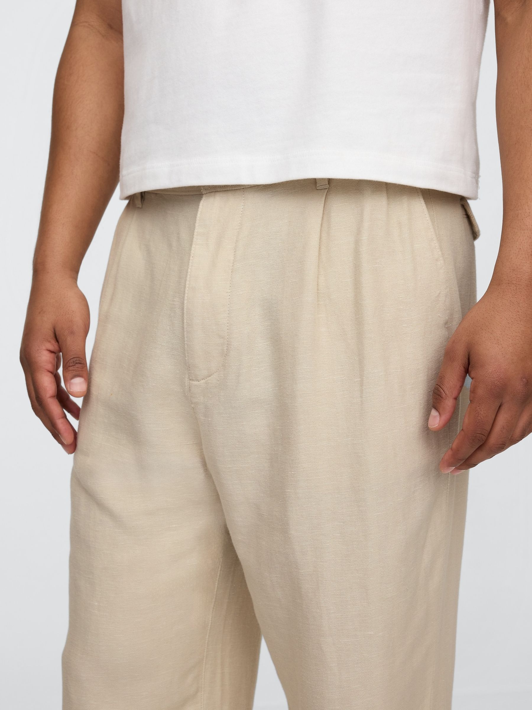 Beige Linen-Cotton 90s Loose Pleated Trousers - Image 4 of 5