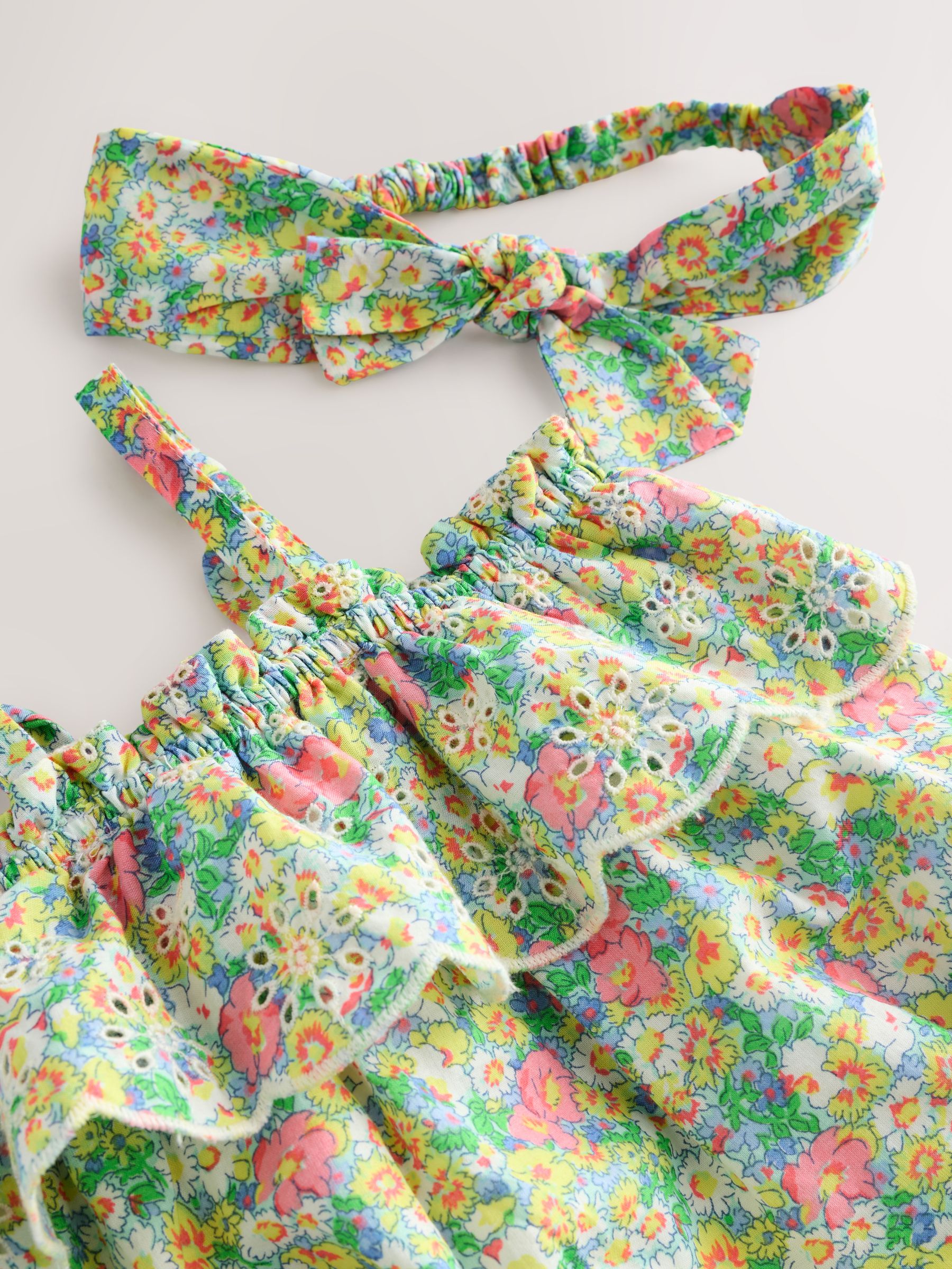 Green Floral Cotton Sleeveless Bodysuit and Head Bow Set (Newborn-24mths) - Image 3 of 4