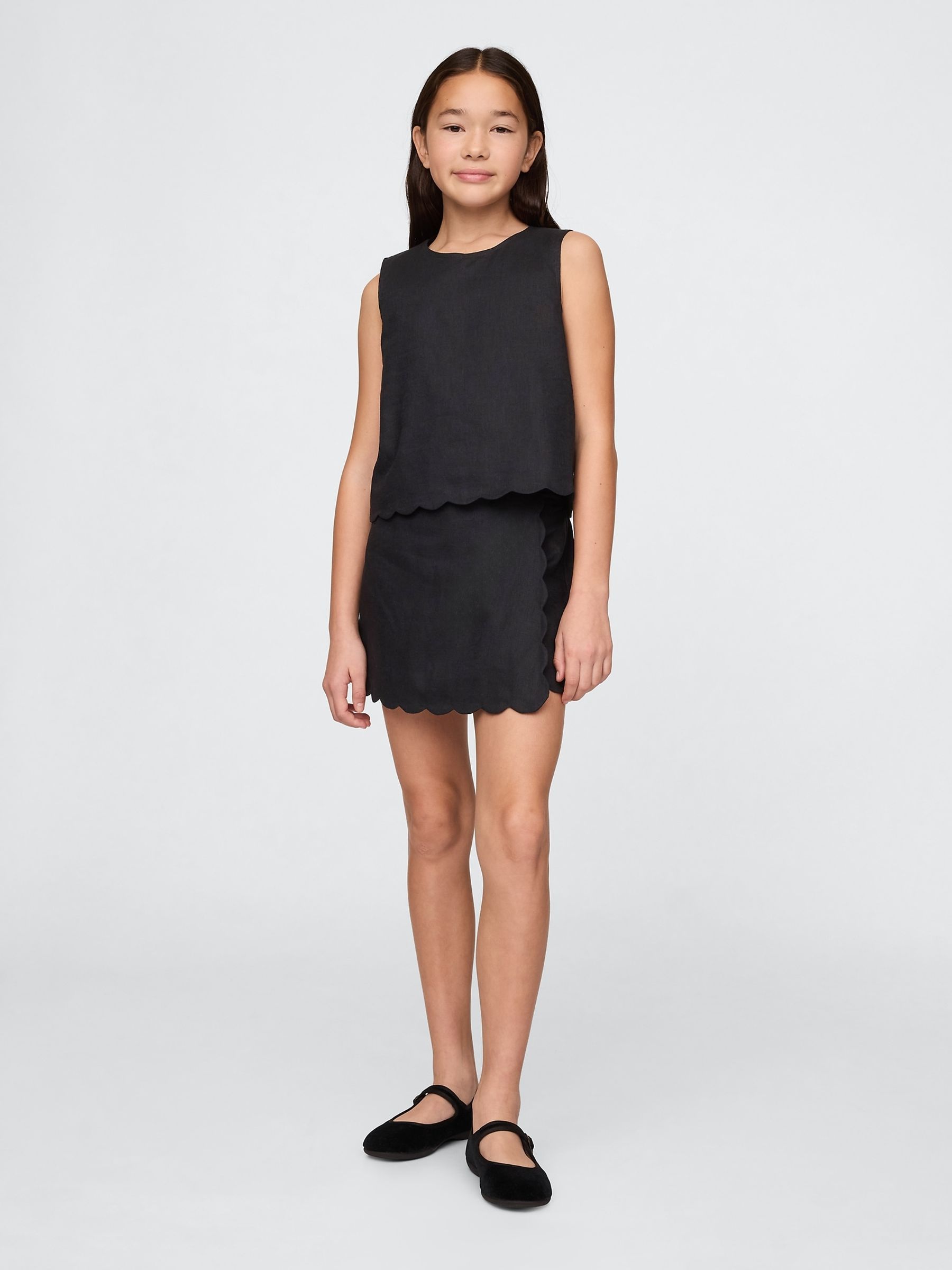 Black Linen-Cotton Scalloped Wrap Skort (4-13yrs) - Image 1 of 4
