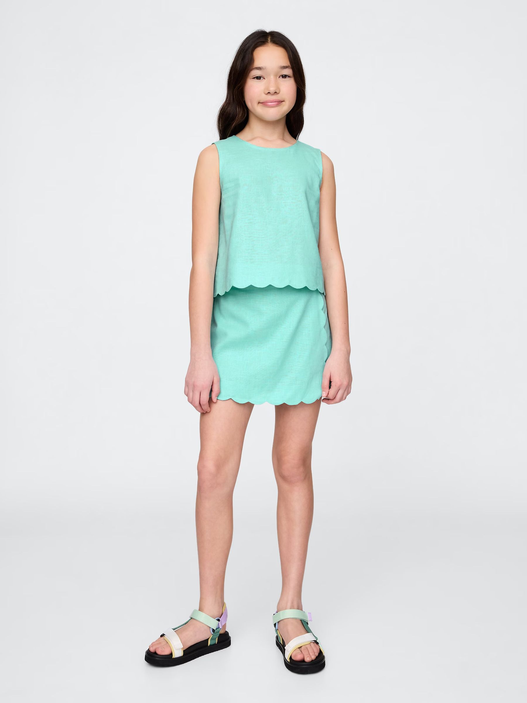 Green Linen-Cotton Scalloped Wrap Skort (4-13yrs) - Image 1 of 4