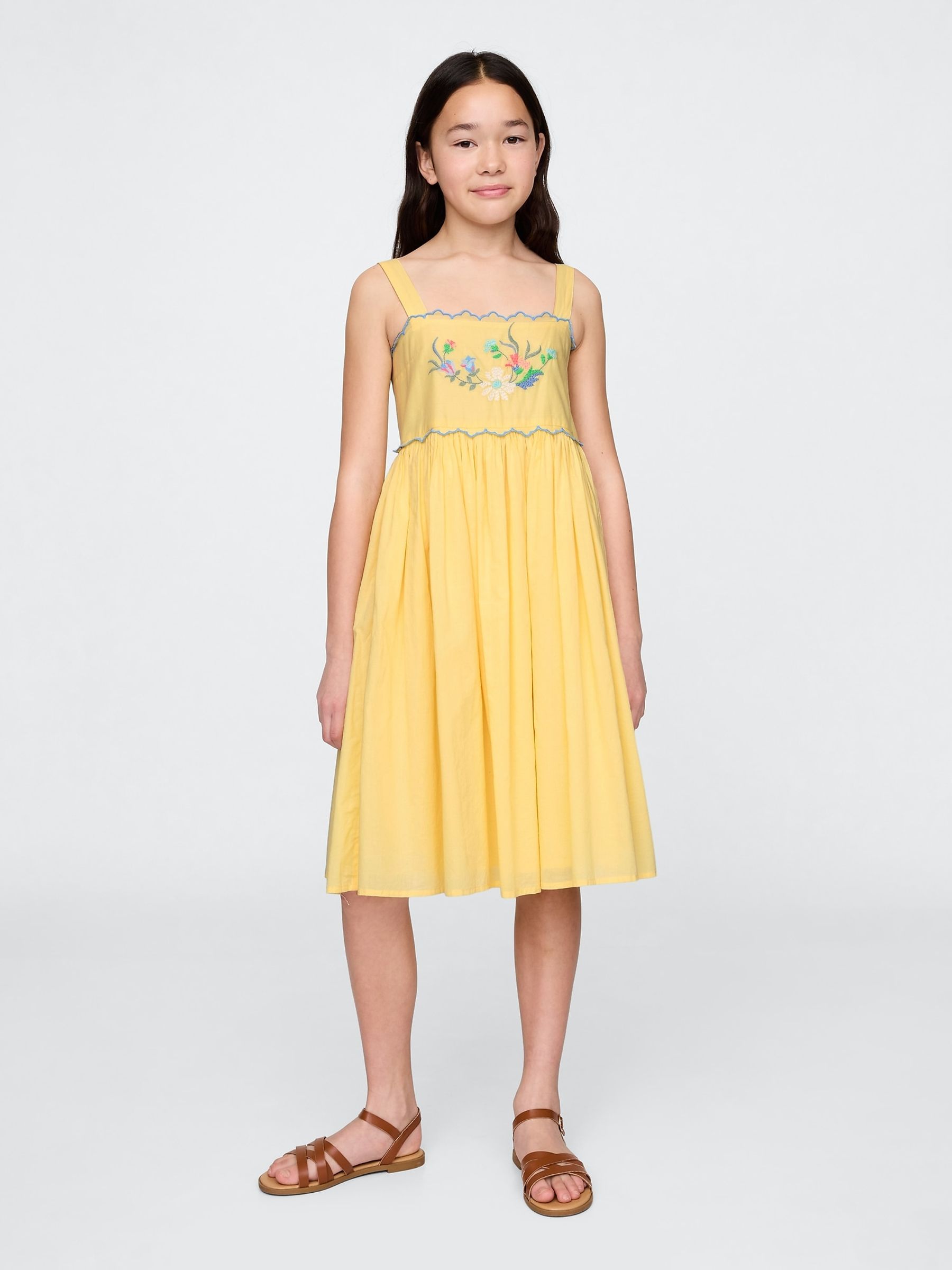 Yellow Floral Cotton Embroidered Midi Dress (4-13yrs) - Image 1 of 1