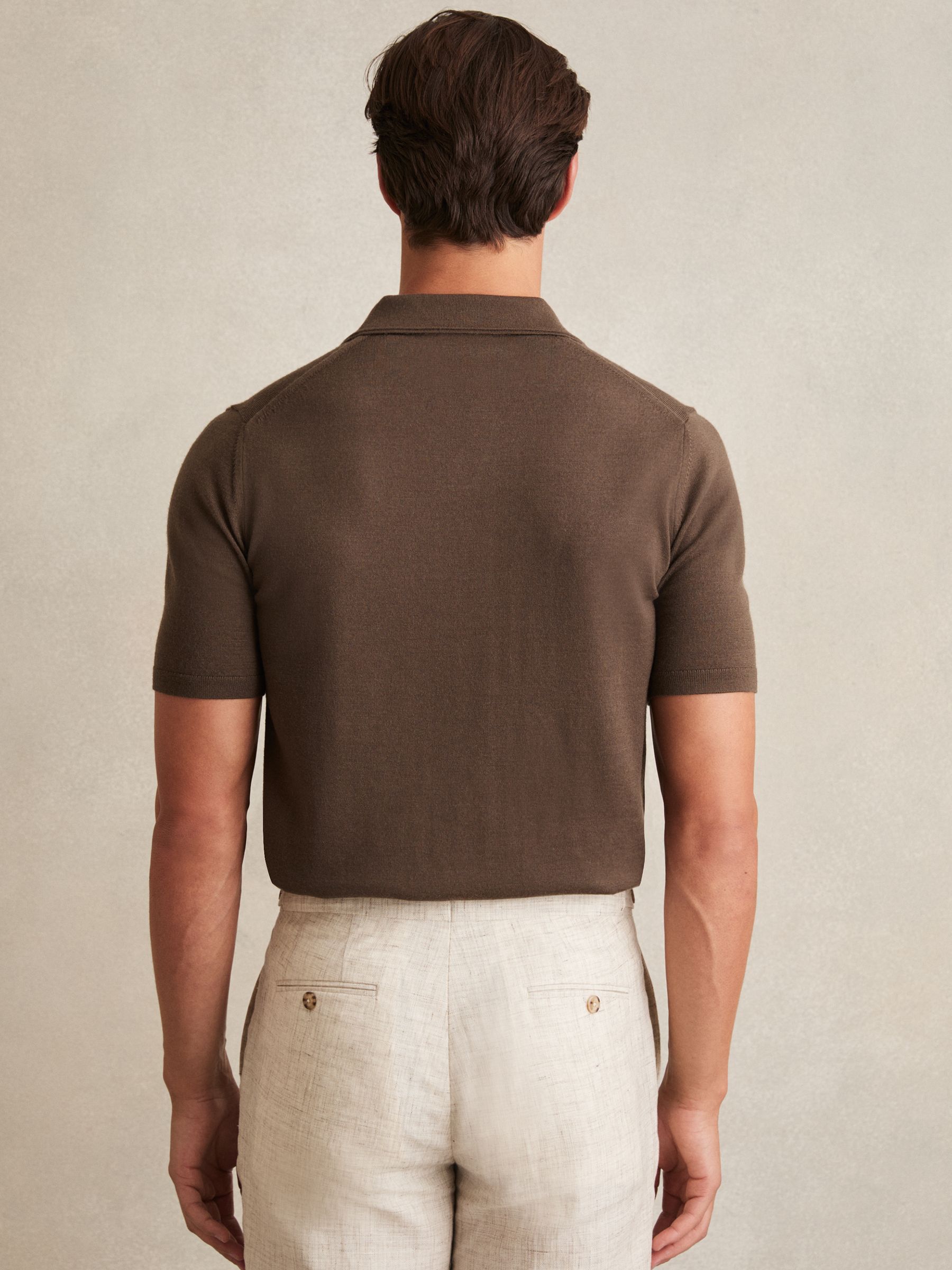 Merino Wool Open-Collar Polo Shirt in Chocolate Brown - Image 4 of 5