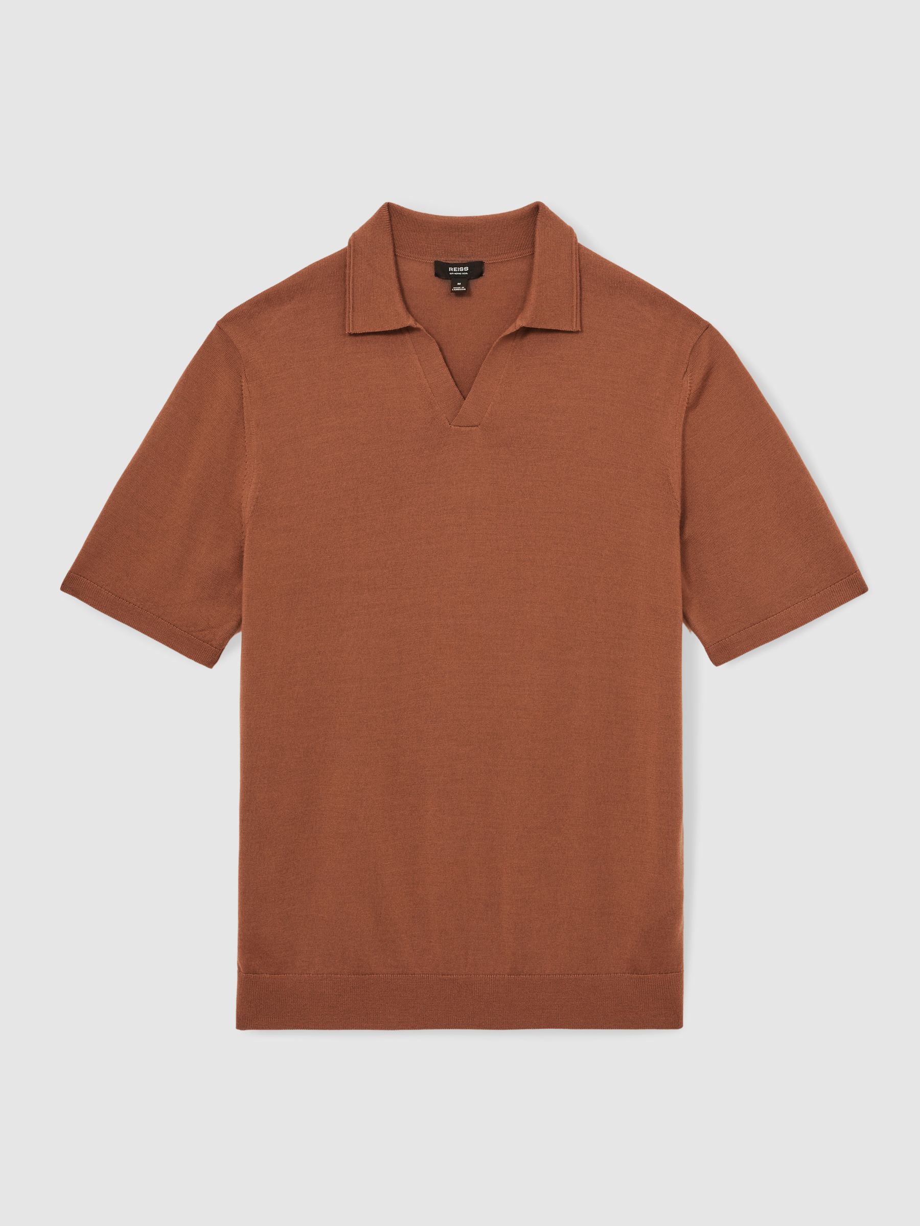 Merino Wool Open-Collar Polo Shirt in Cinnamon Brown - Image 2 of 6