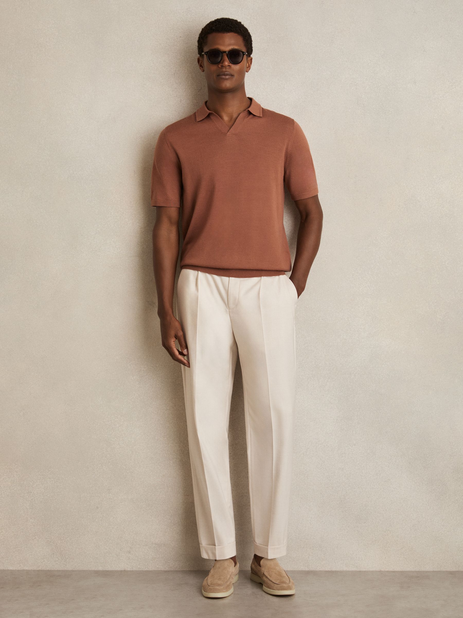 Merino Wool Open-Collar Polo Shirt in Cinnamon Brown - Image 3 of 6