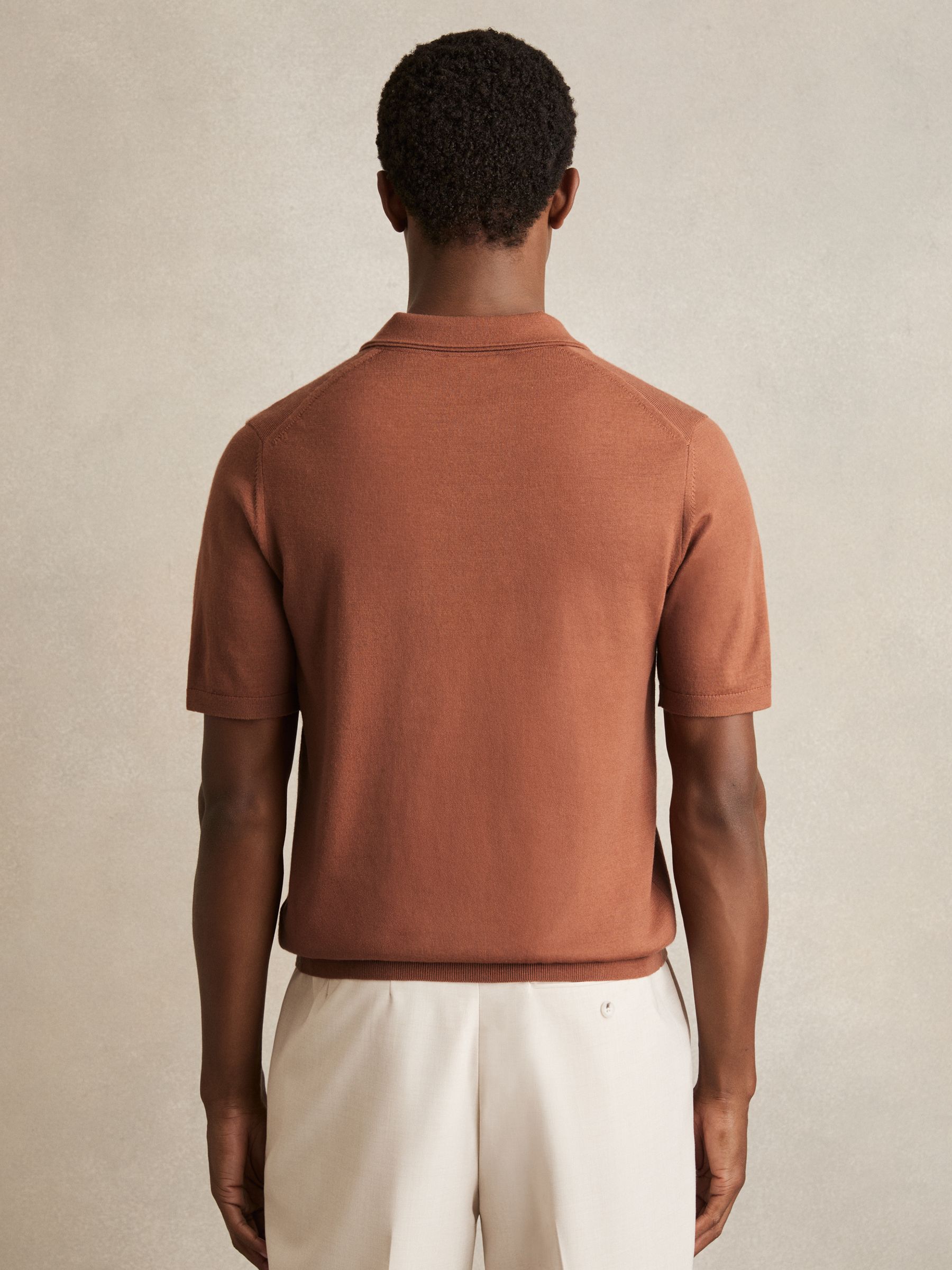 Merino Wool Open-Collar Polo Shirt in Cinnamon Brown - Image 5 of 6