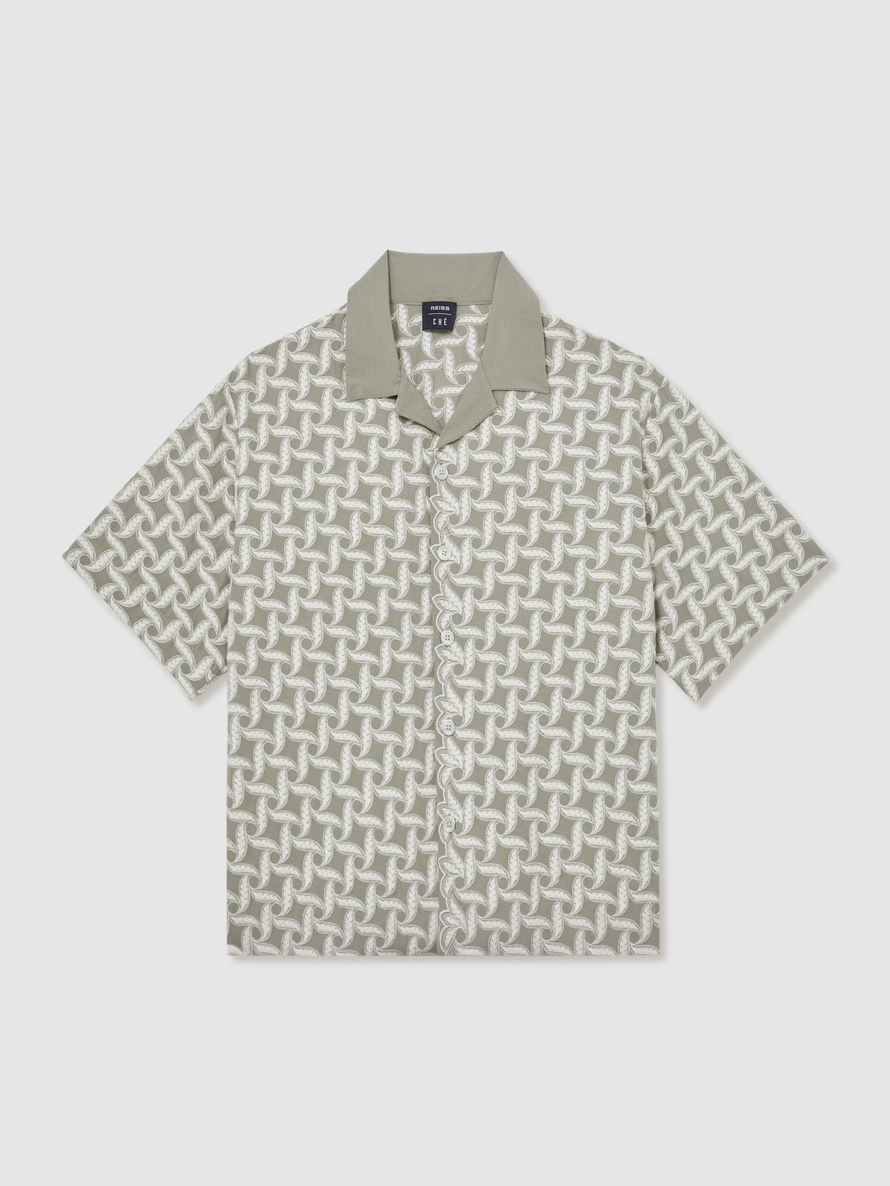 Reiss | Ché Motif-Embroidered Shirt in Sage/White - Image 2 of 7