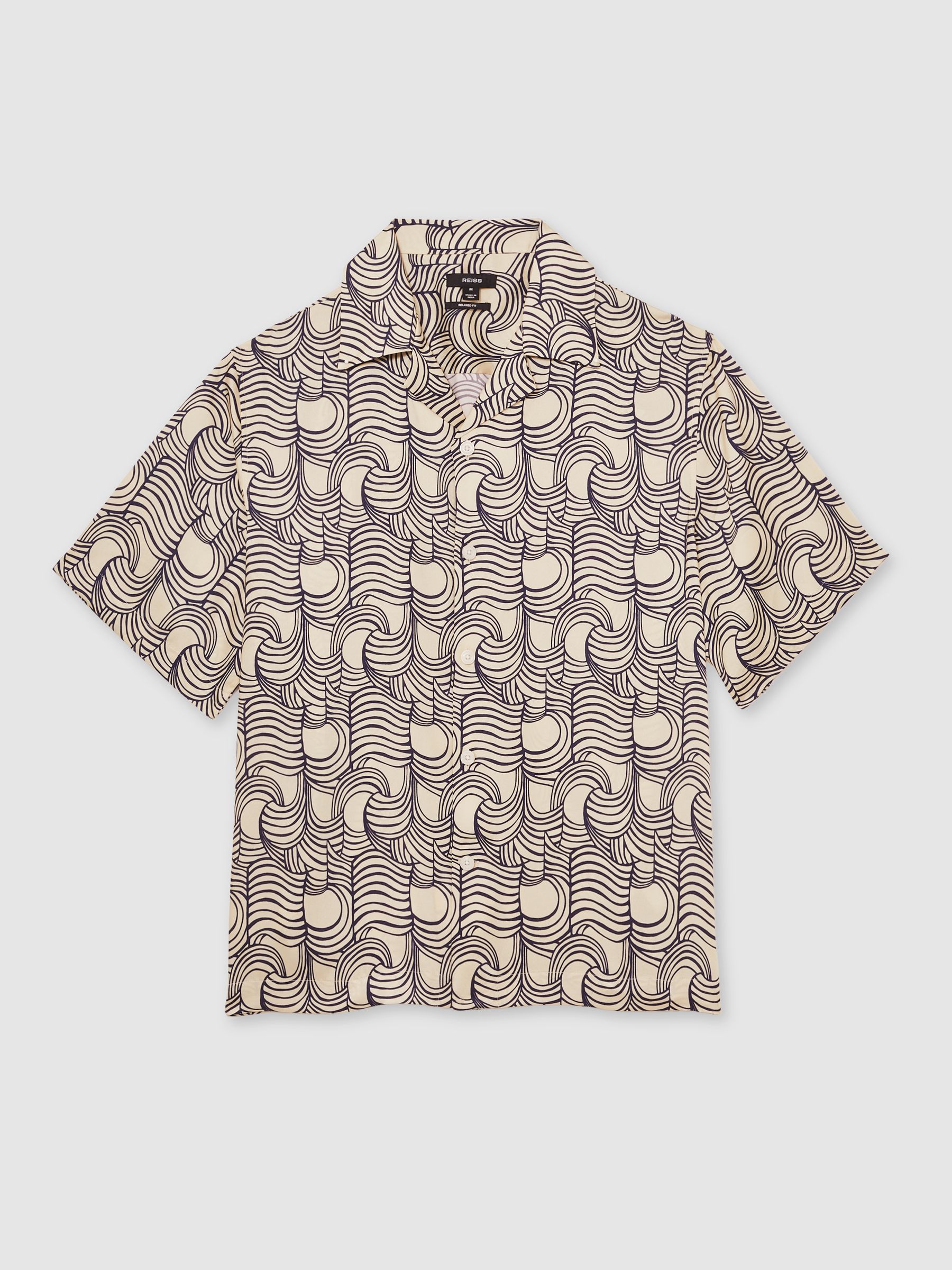 Wave Print Cuban Collar Shirt in Off White/Navy - Image 2 of 6