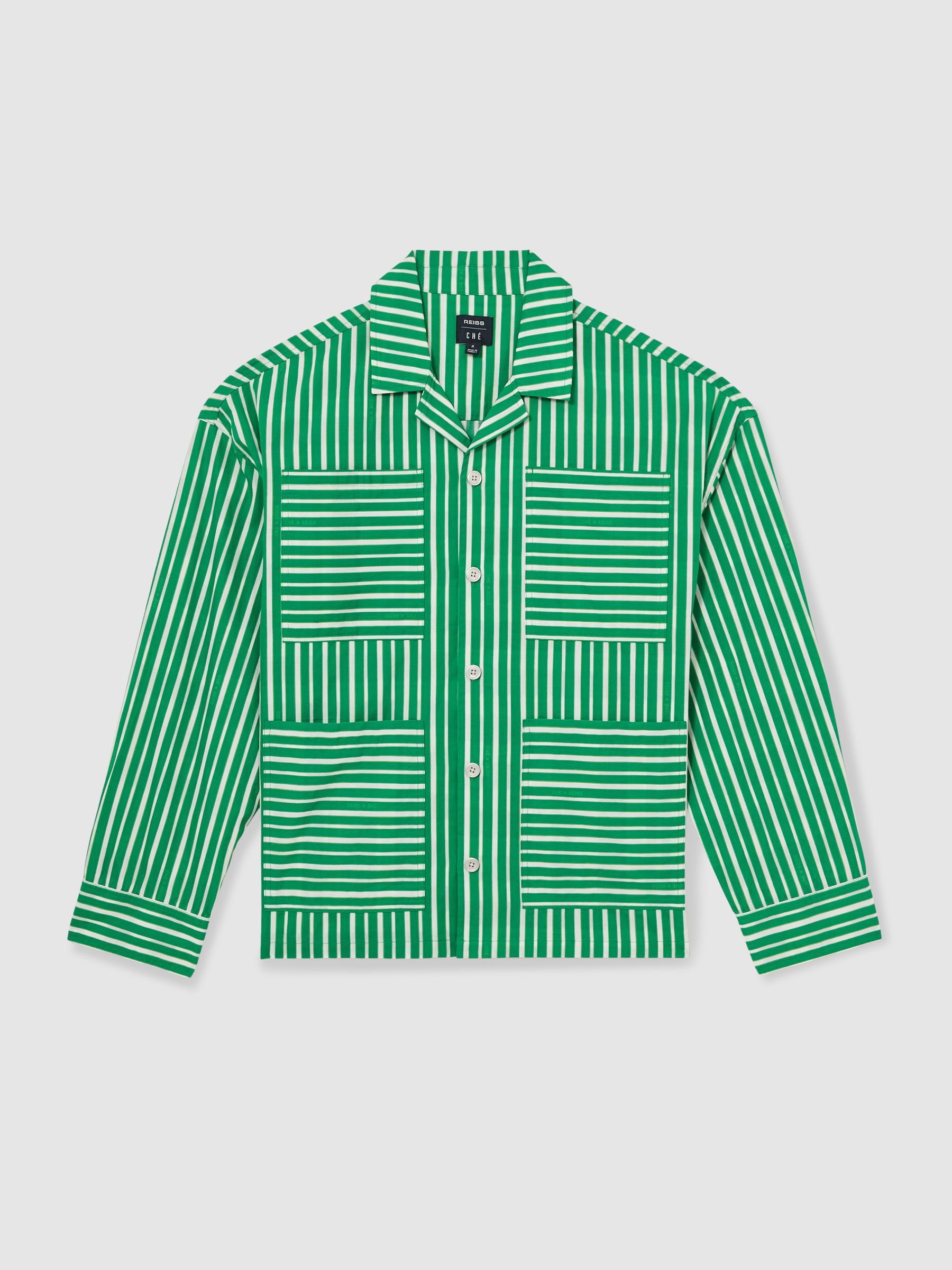 Reiss | Ché Poplin Stripe Pocket Shirt in Bright Green/White - Image 2 of 6