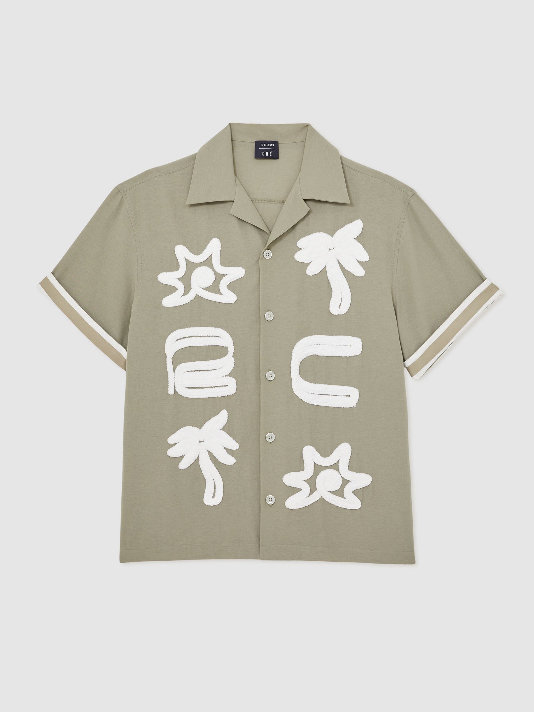Reiss | Ché Embroidered-Motif Shirt in Sage Green - Image 2 of 8 Reiss | Ché Embroidered-Motif Shirt in Sage Green - Image 2 of 8