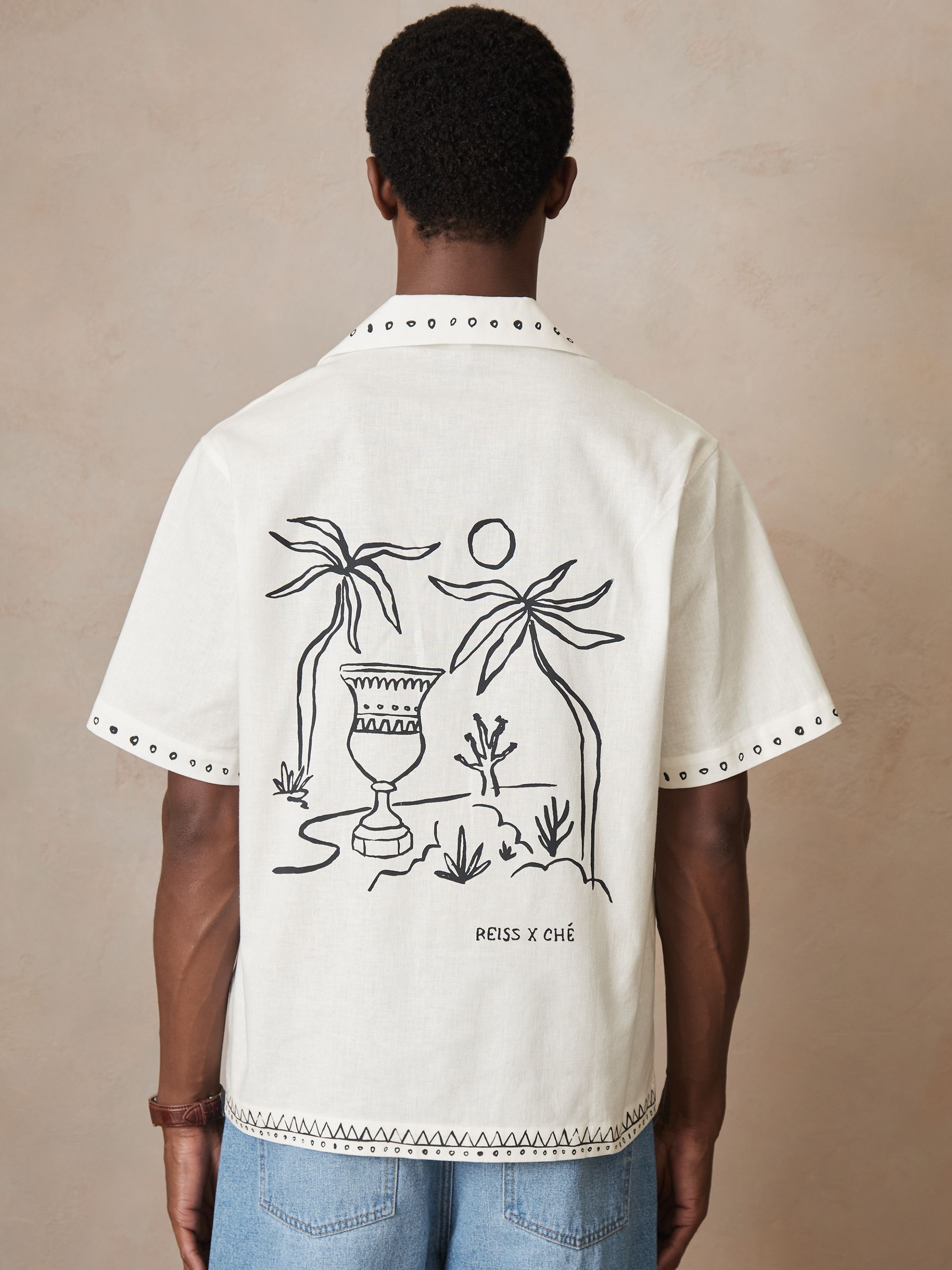 Reiss | Ché Cotton-Linen Palm Shirt in White - Image 6 of 8