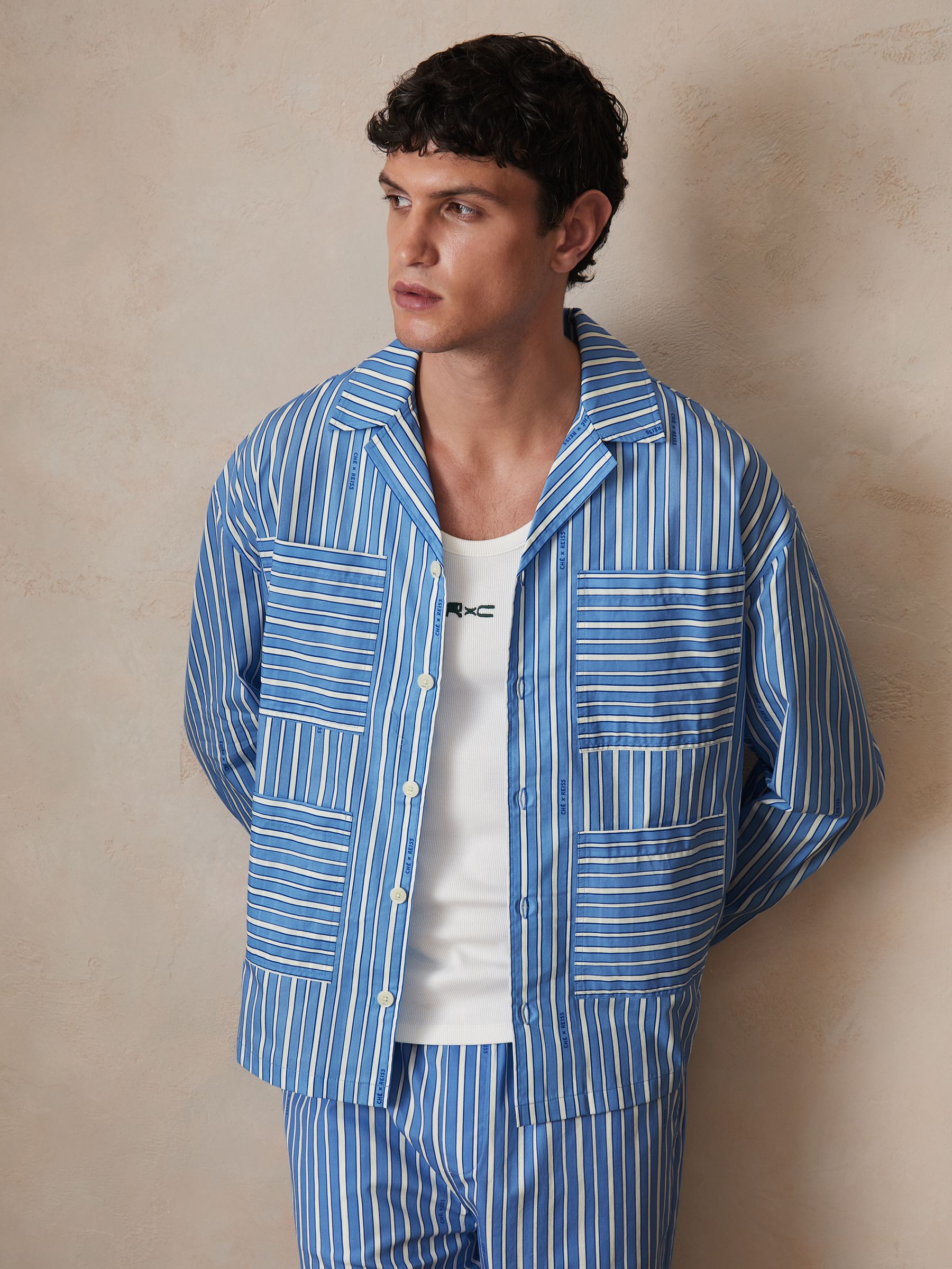 Reiss | Ché Poplin Stripe Pocket Shirt in Bright Blue/White - Image 1 of 7