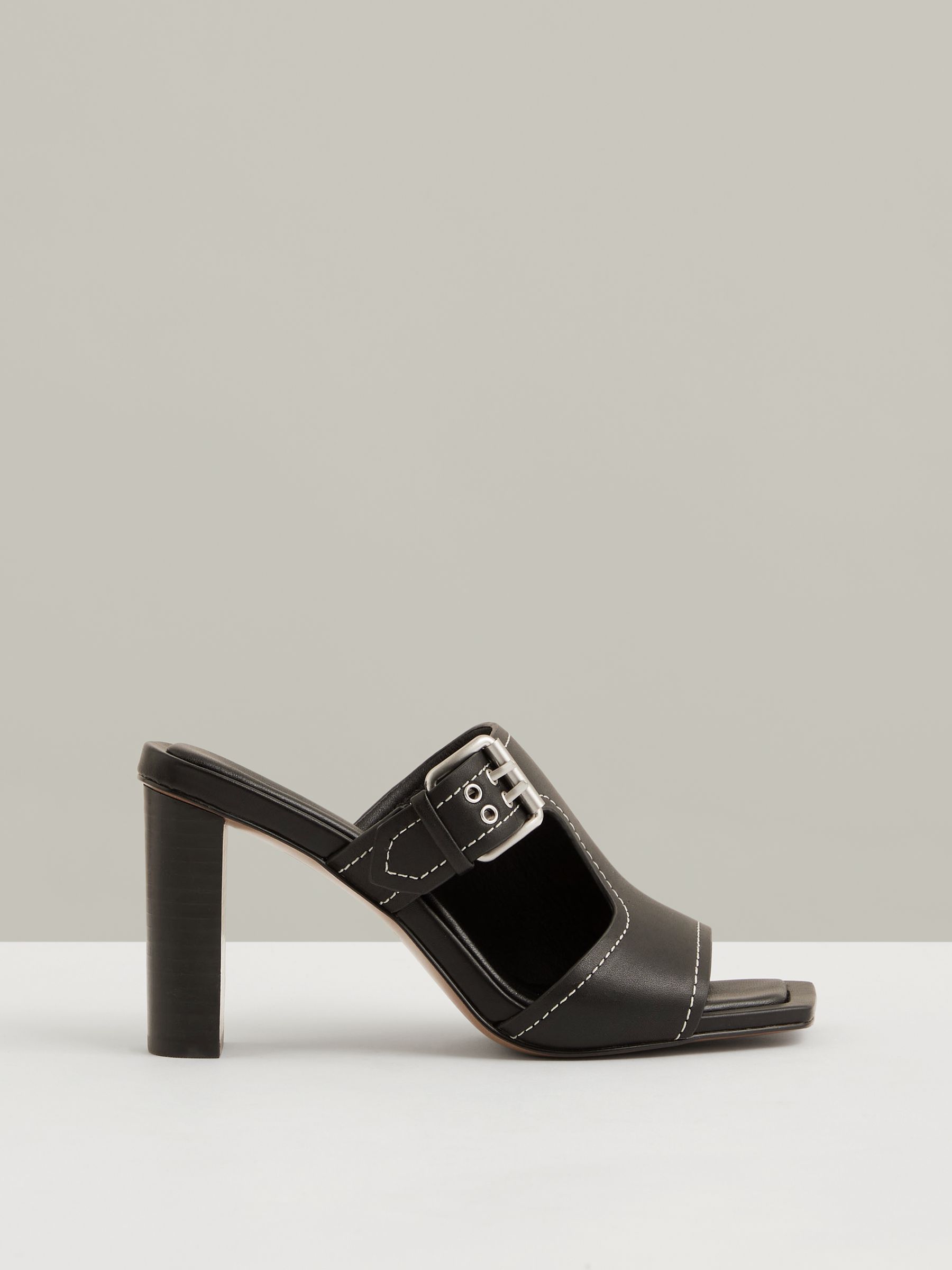 Leather Buckle Block-Heel Sandals in Black - Image 1 of 4 Leather Buckle Block-Heel Sandals in Black - Image 1 of 4