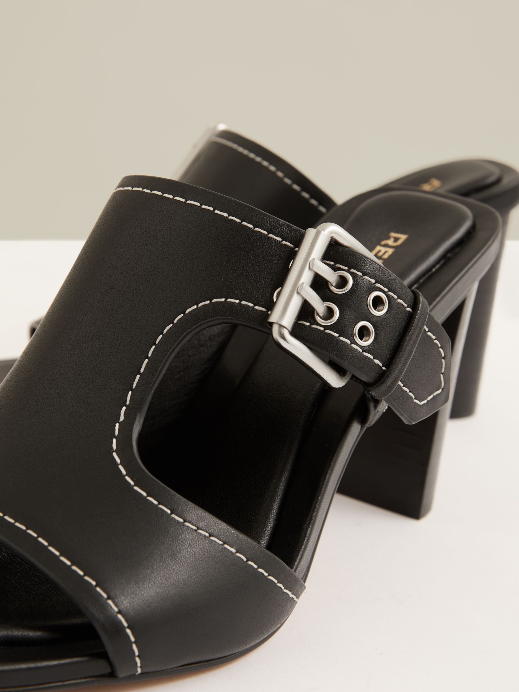 Leather Buckle Block-Heel Sandals in Black - image 2