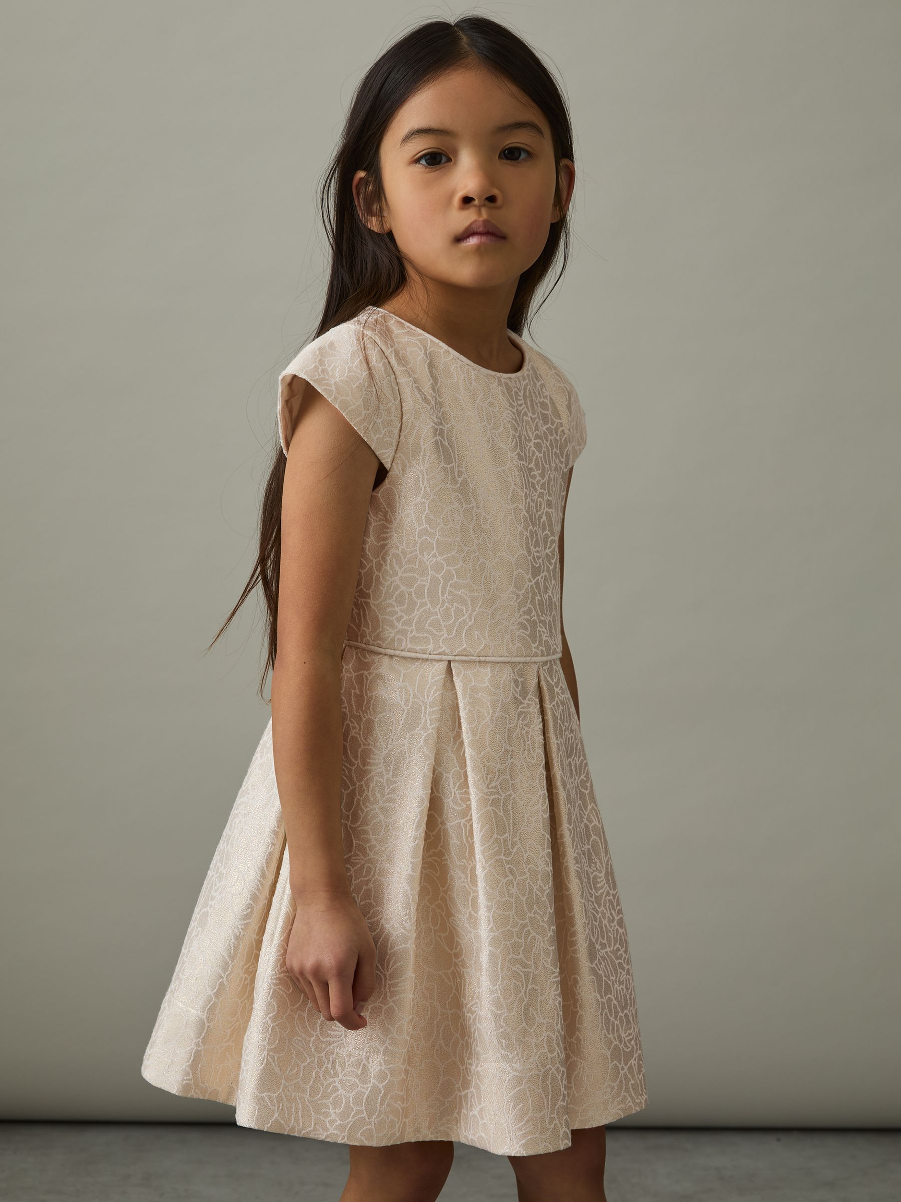 13-14 yrs Brocade Cap-Sleeve Pleated Dress in Ivory - Image 2 of 4