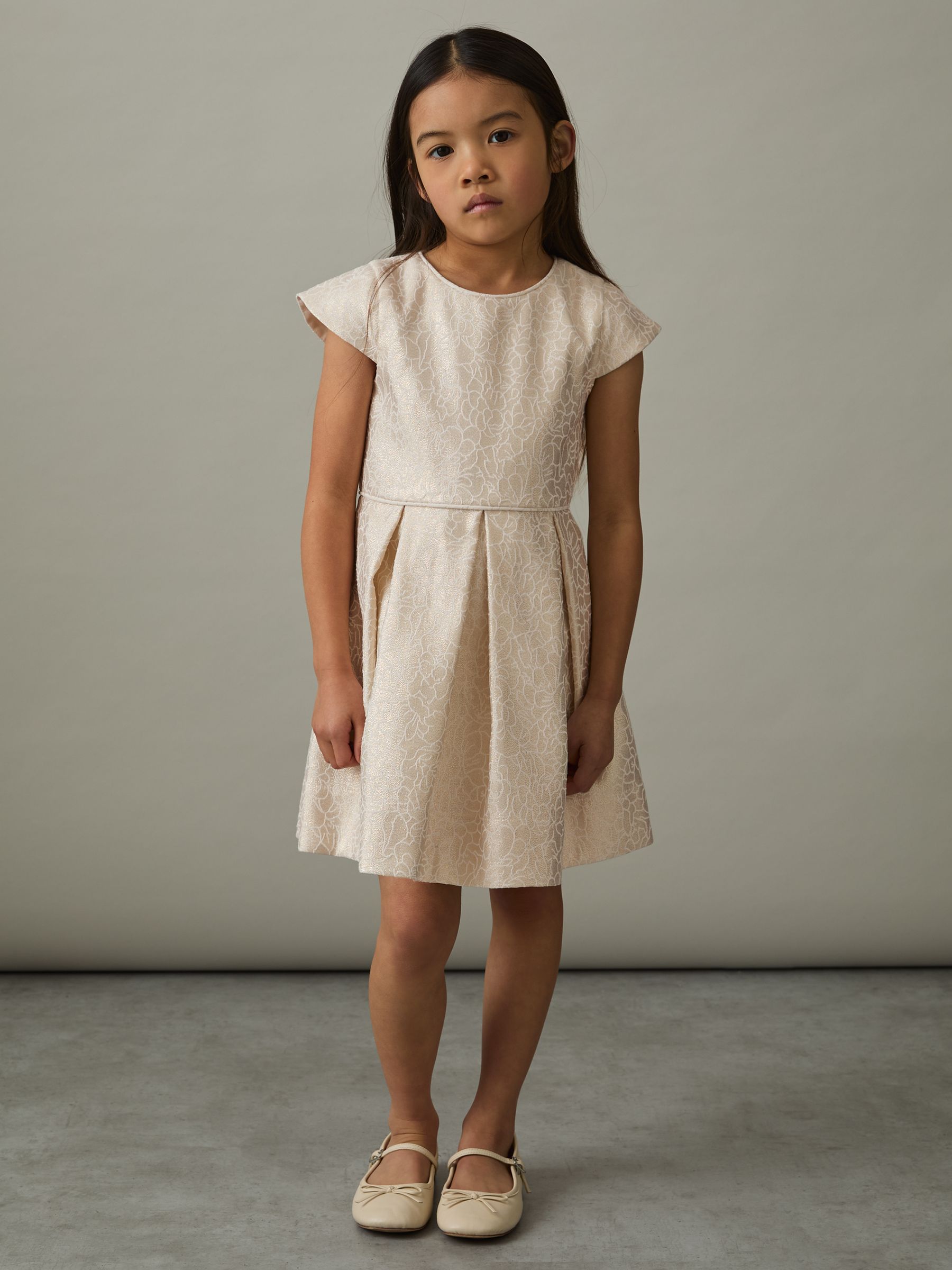 13-14 yrs Brocade Cap-Sleeve Pleated Dress in Ivory - Image 3 of 4