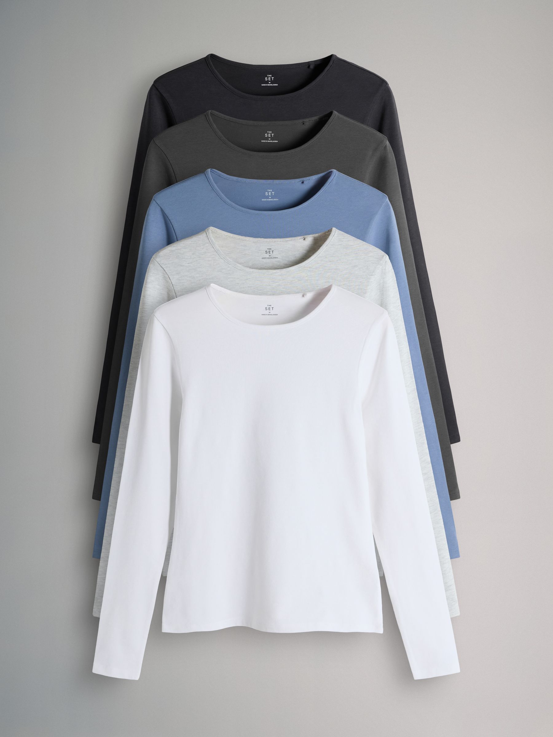 Navy Blue/Light Blue/Charcoal Grey/Grey Marl/White - 5 Pack Long Sleeve Crew Neck T-Shirts - Image 1 of 8
