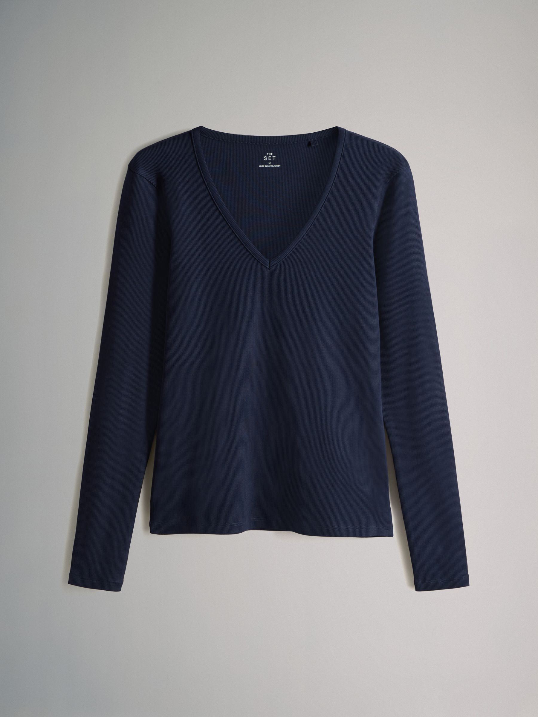 Navy/Brown/Stripe/Cream - 4 Pack V-Neck Ribbed Long Sleeve T-Shirts - Image 3 of 6