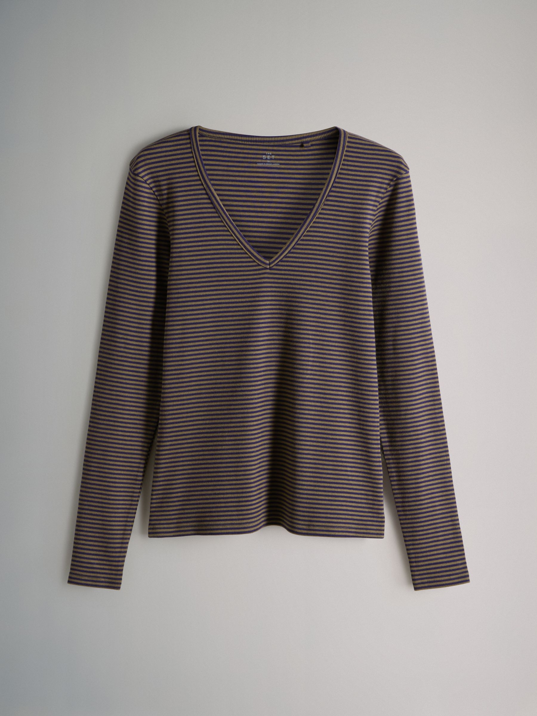 Navy/Brown/Stripe/Cream - 4 Pack V-Neck Ribbed Long Sleeve T-Shirts - Image 4 of 6